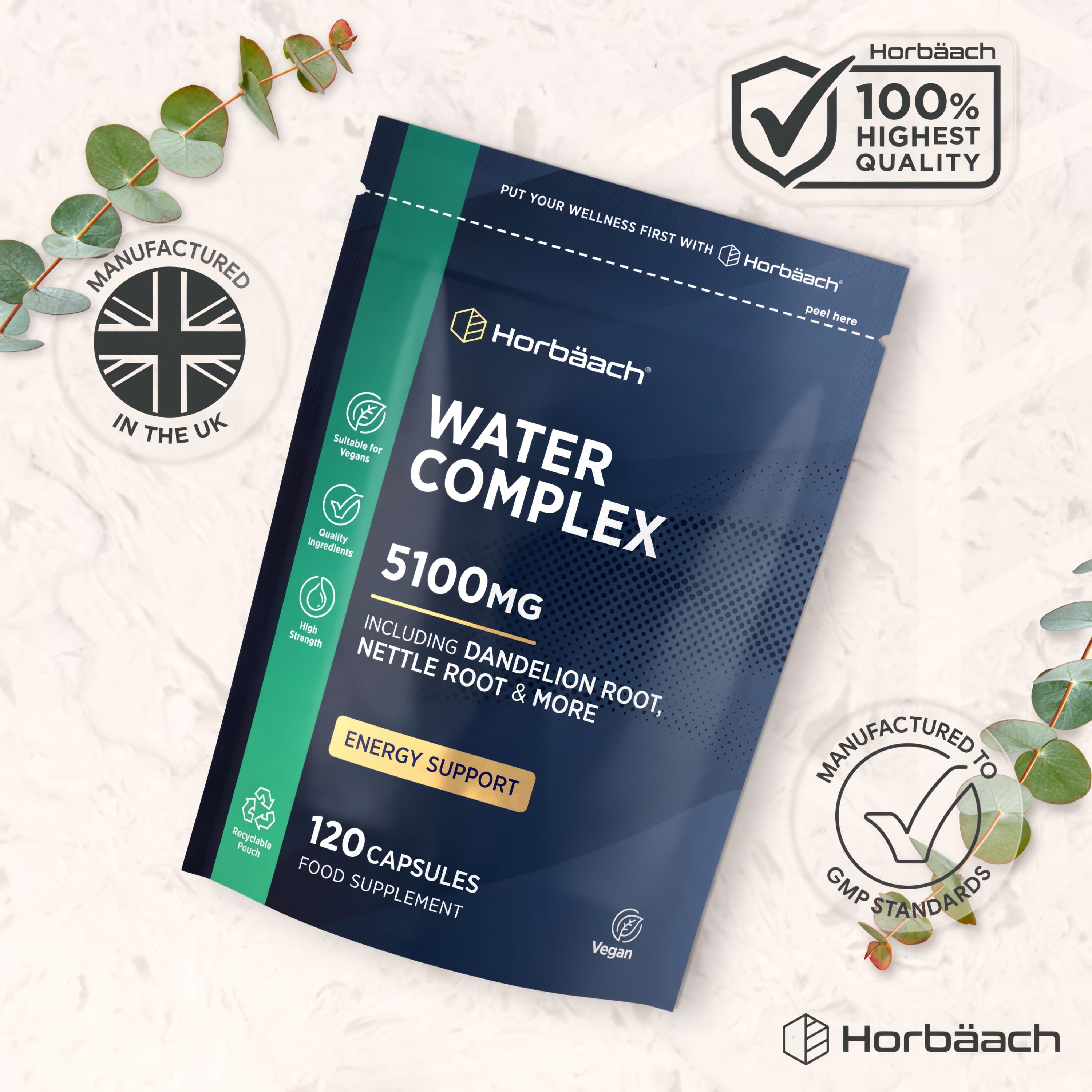 Horbaach Water Complex 5100mg, 120 Vegan Capsules, includes Dandelion Root & Nettle Root for energy support.