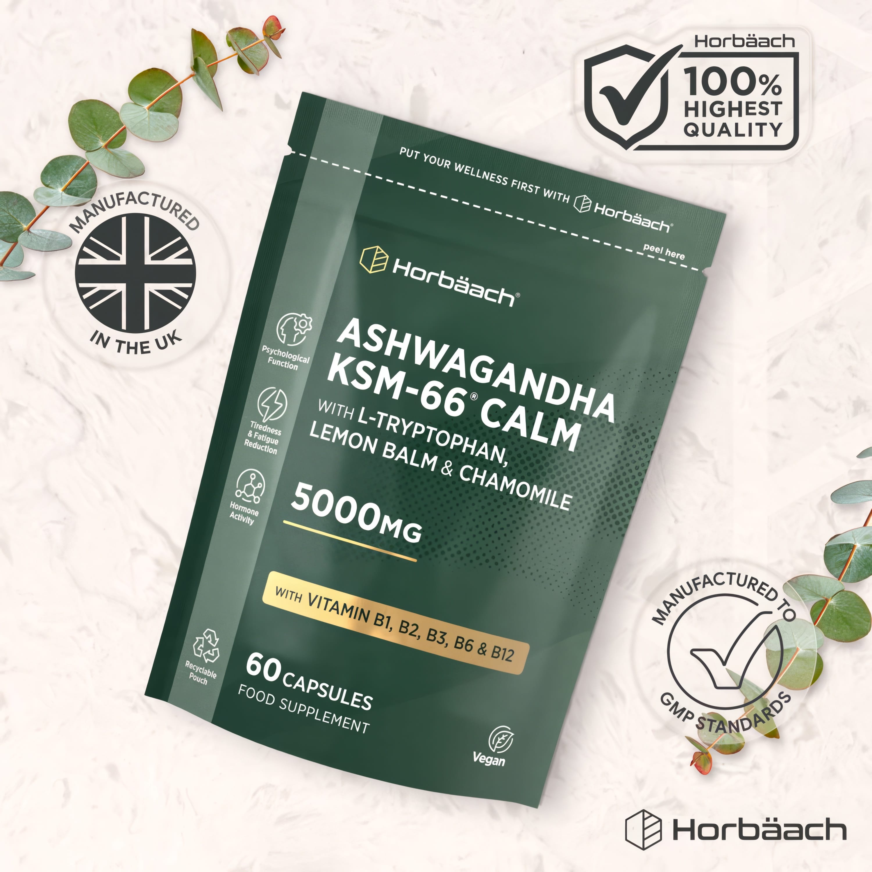 Ashwagandha KSM-66 Calm 5000mg, featuring L-Tryptophan, Lemon Balm, Chamomile, and B Vitamins, in 60 Vegan Capsules.