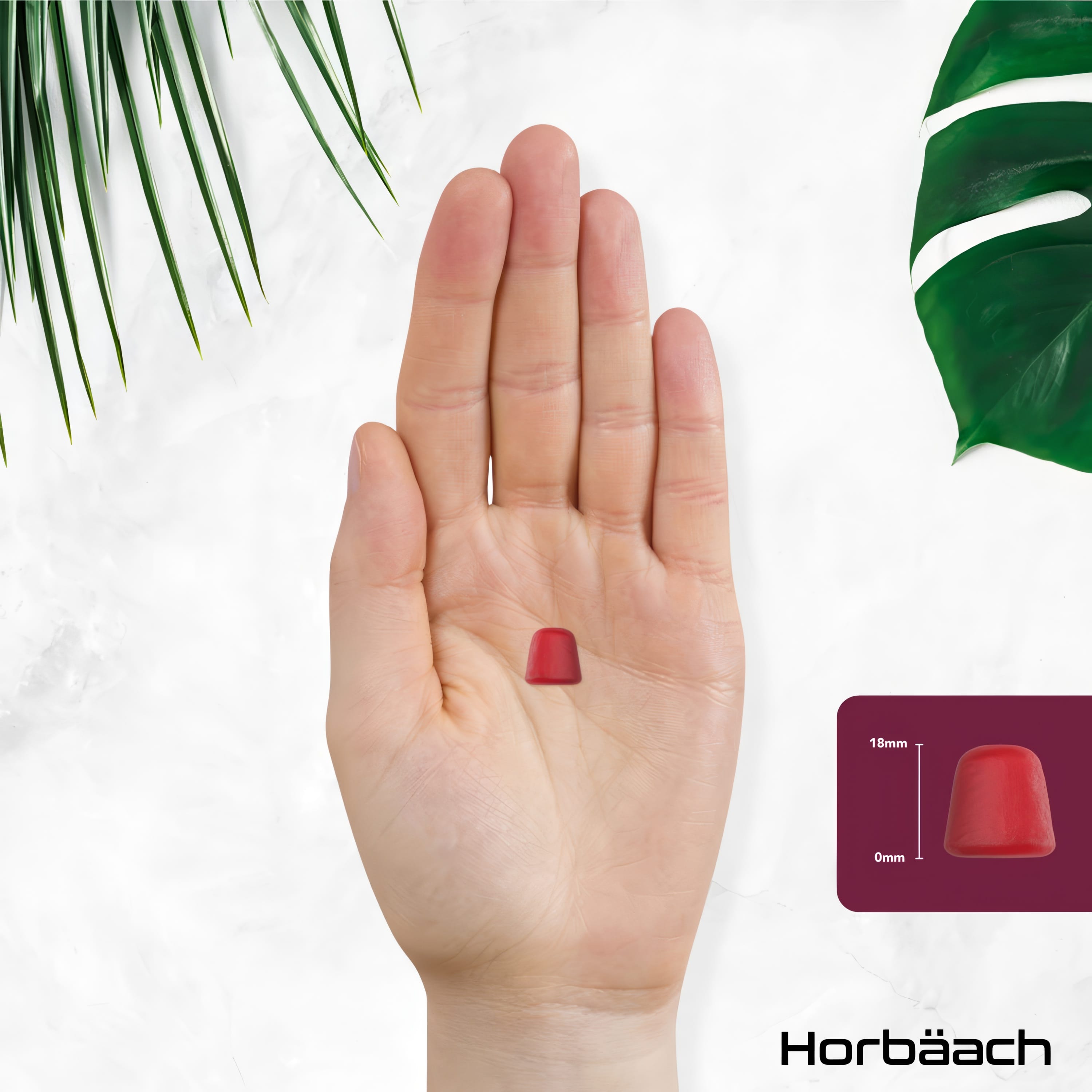A hand holds a red adult multivitamin gummy, accompanied by a graphic showing the gummy's height as 18mm.