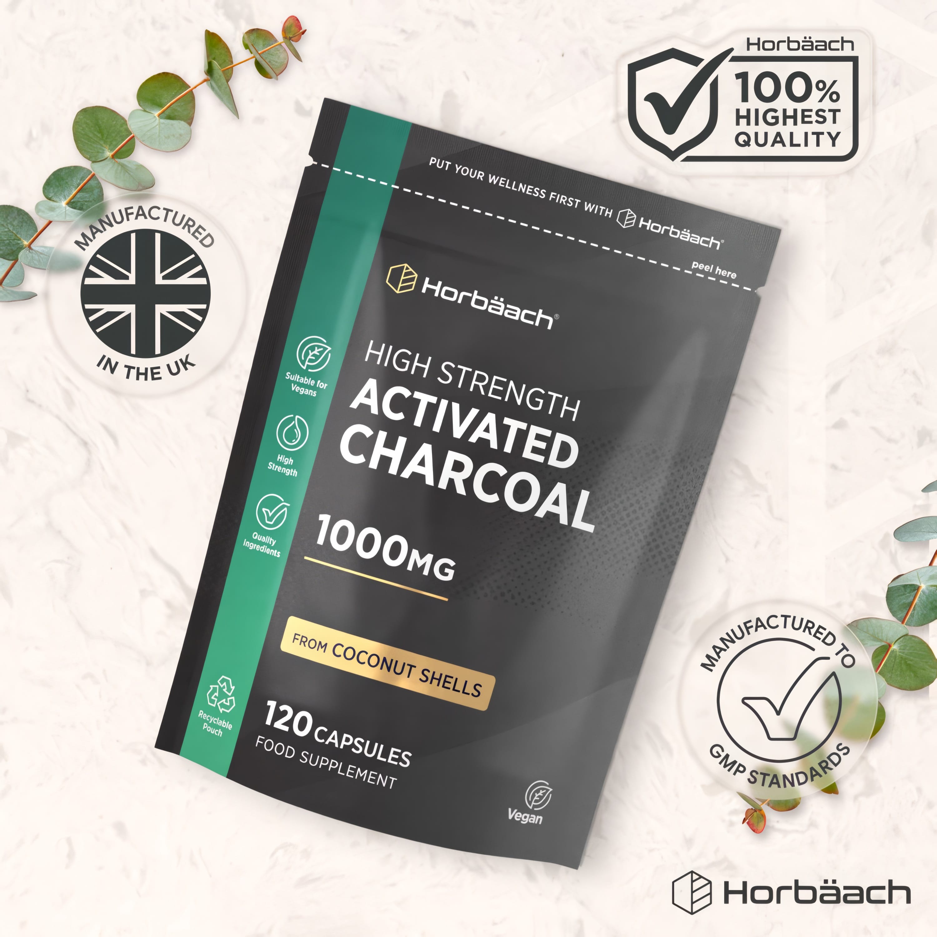 High Strength Activated Charcoal 1000MG from Coconut Shells, 120 Capsules. Vegan food supplement.