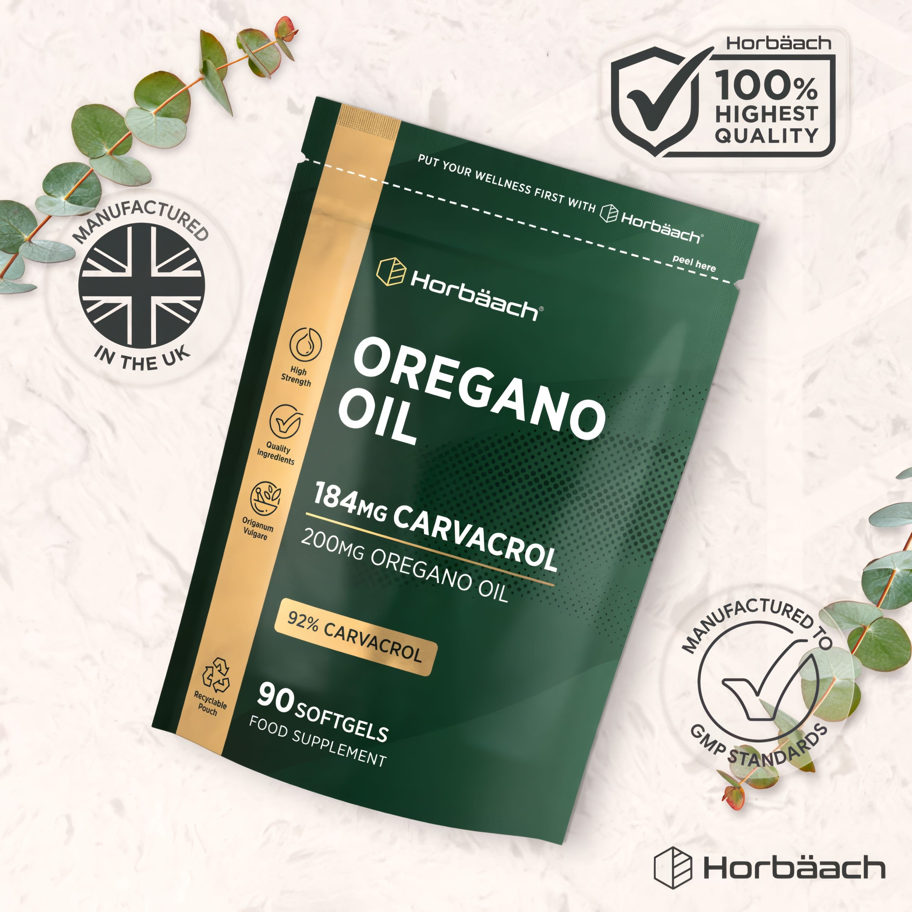 Infographic highlights UK manufacturing, Horbäach quality, GMP standards, high strength, quality ingredients, and recyclable pouch.