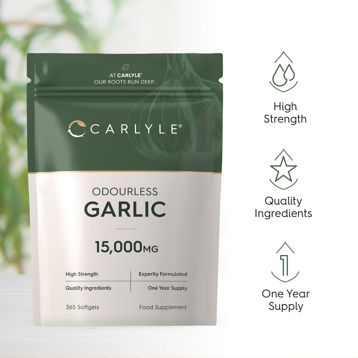 Odourless Garlic 15,000MG supplement with 365 softgels. High strength, quality ingredients, providing a one-year supply.