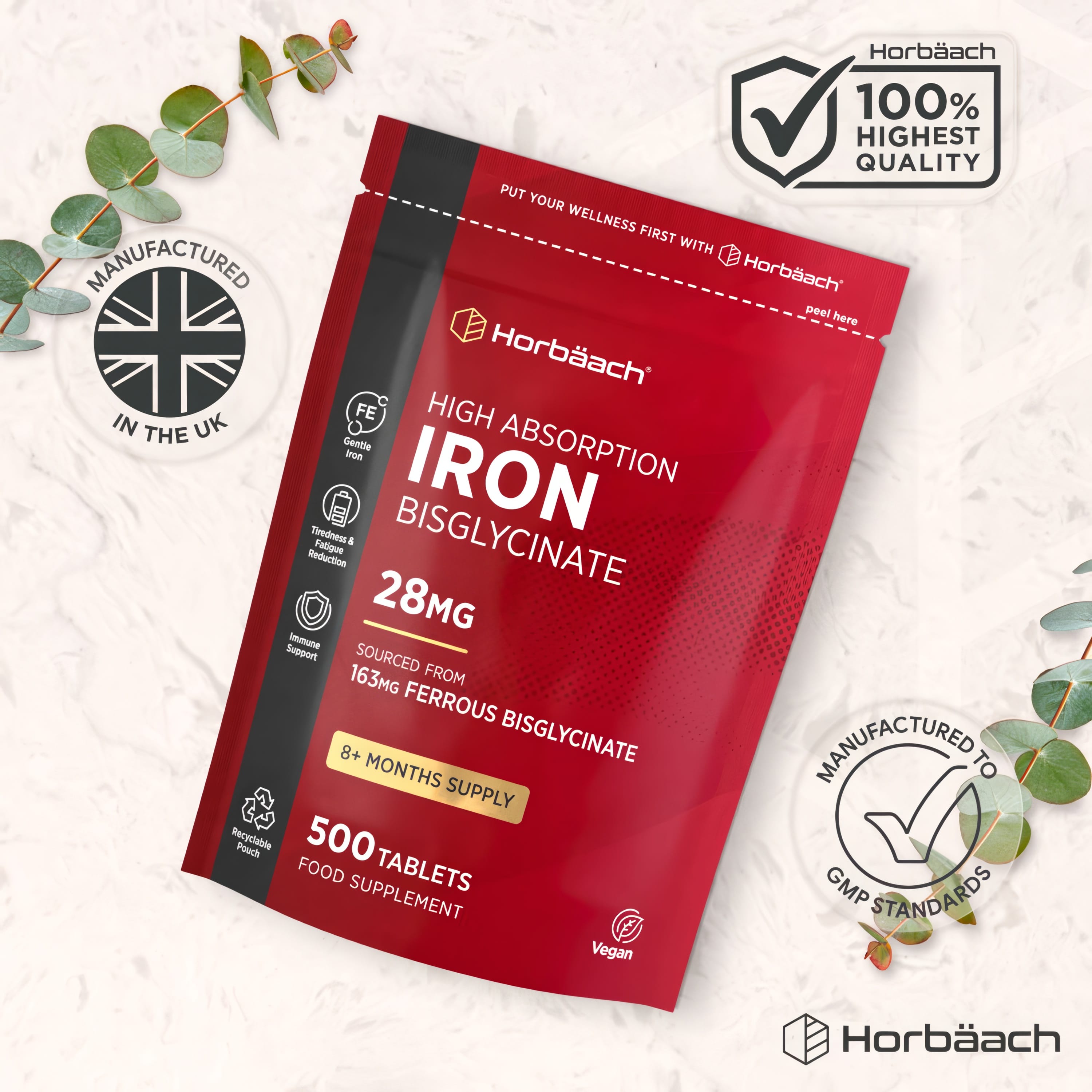 Horbäach High Absorption Iron Bisglycinate 28mg 500 Tablets supplement. Vegan, gentle iron in recyclable pouch.
