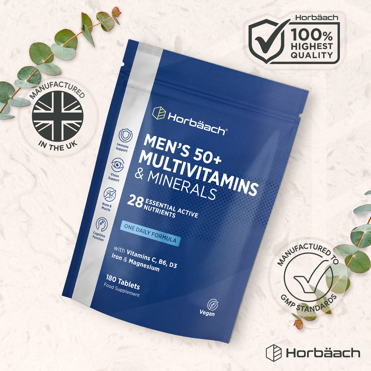 Infographic showing Horbäach, manufactured in the UK to GMP standards, ensuring 100% highest quality.