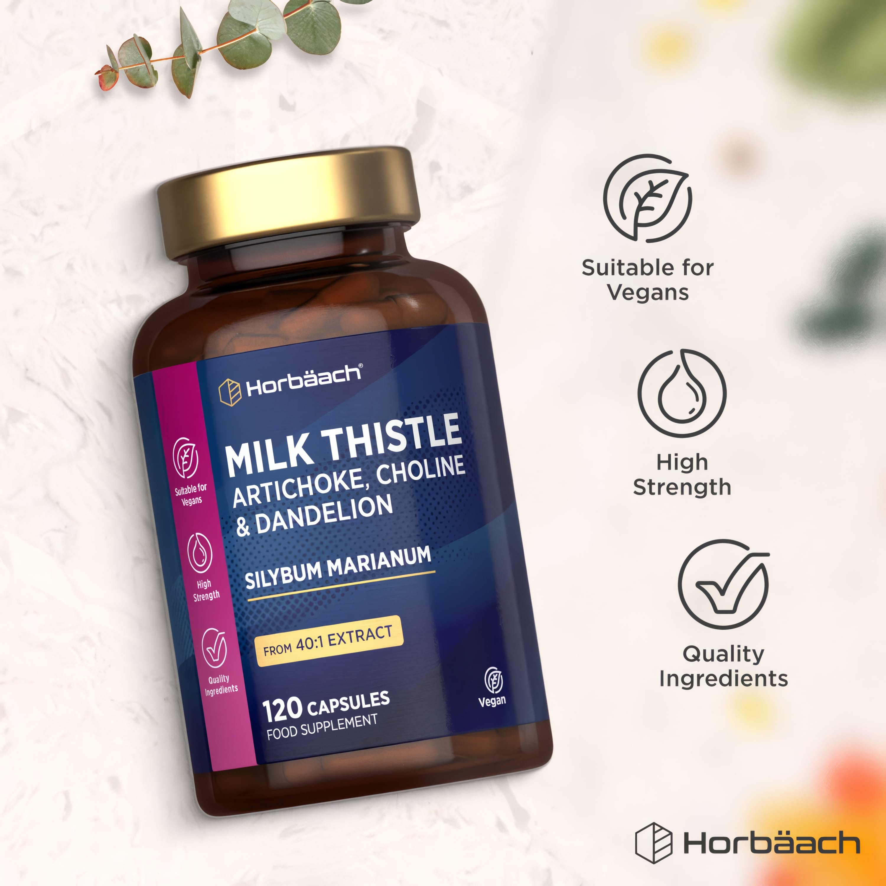 Horbäach Milk Thistle Artichoke, Choline & Dandelion contains 120 vegan capsules as a food supplement.