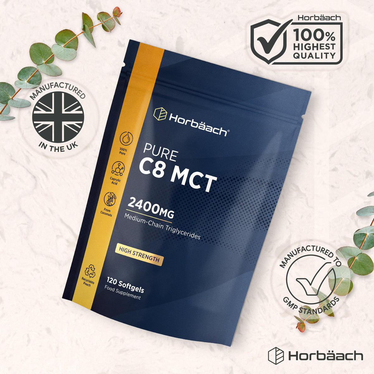 Horbäach Pure C8 MCT softgels, 2400mg medium-chain triglycerides, 120 count, as a food supplement.