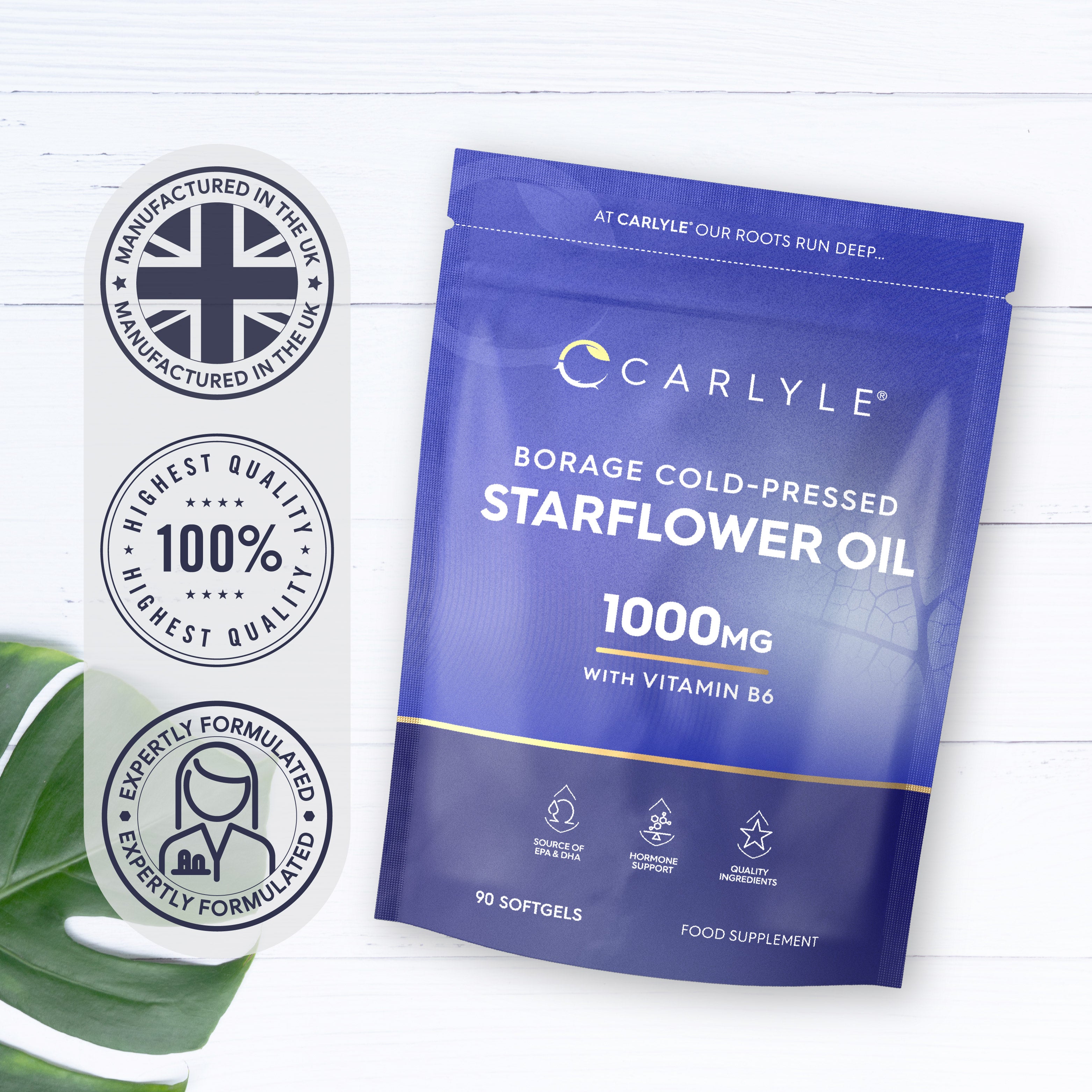 Borage Cold-Pressed Starflower Oil 1000mg with Vitamin B6, 90 Softgels in a bottle.