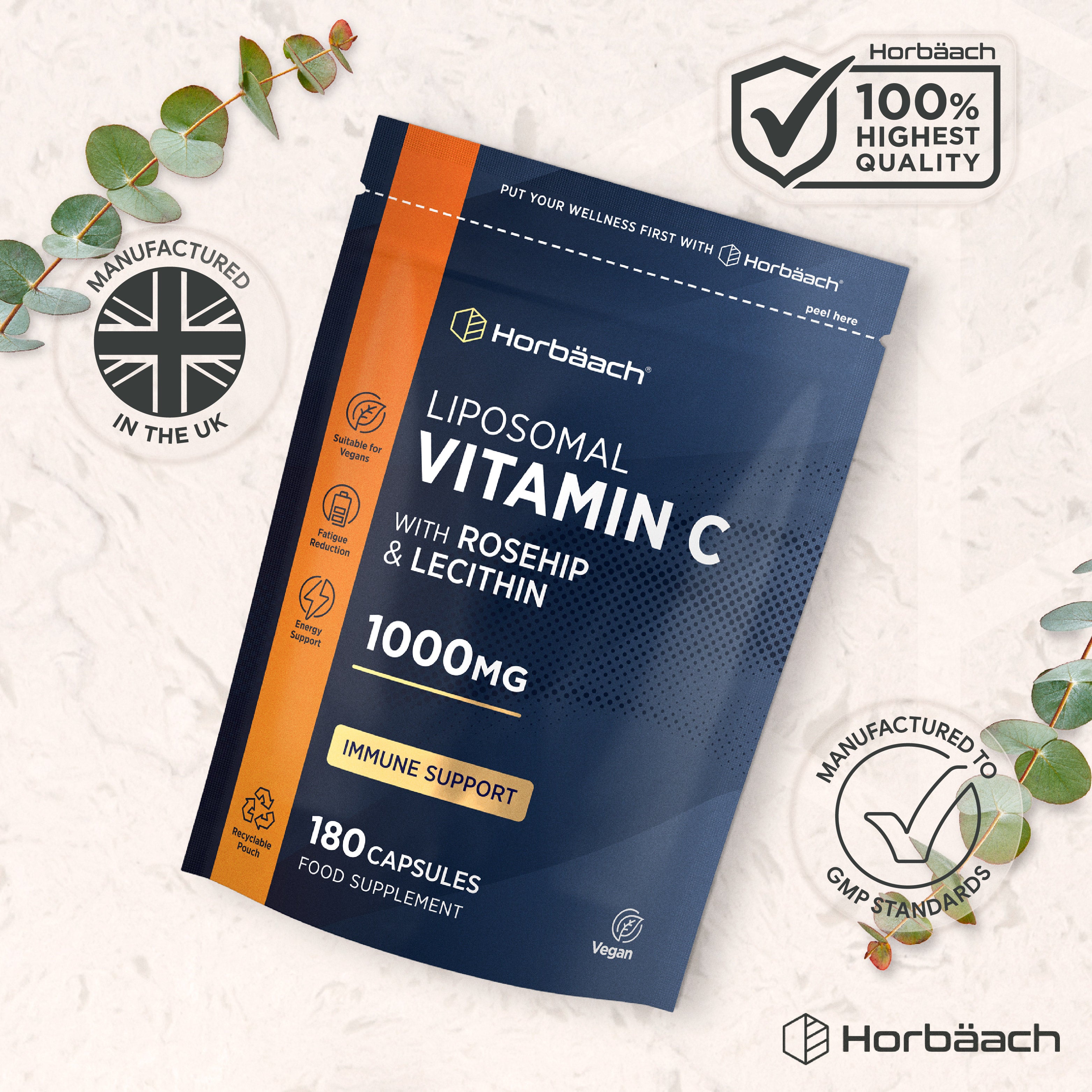 Horbäach Liposomal Vitamin C 1000mg, with Rosehip and Lecithin, 180-capsule food supplement.