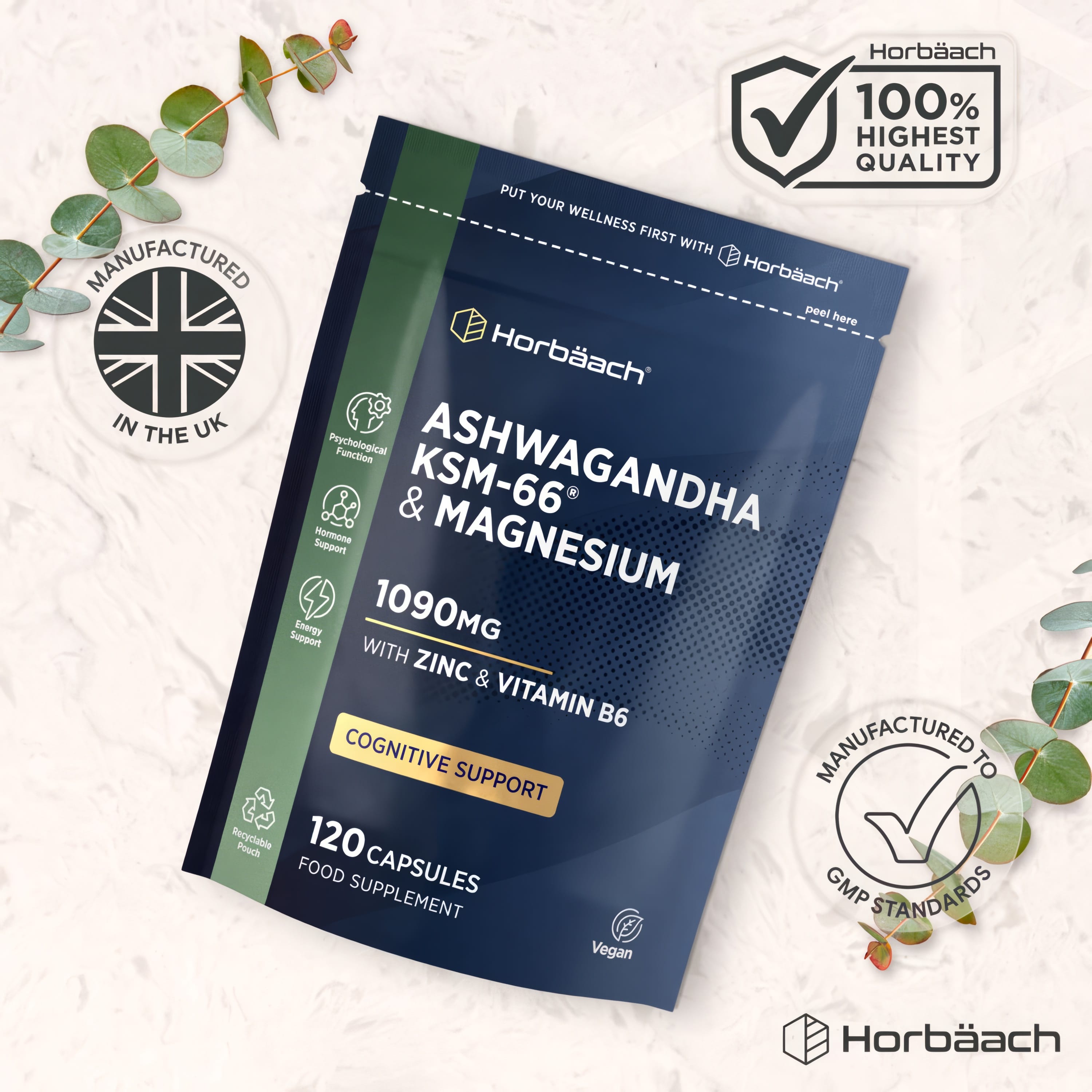 Ashwagandha KSM-66 & Magnesium 1090mg supplement with Zinc and Vitamin B6, 120 vegan capsules for health.