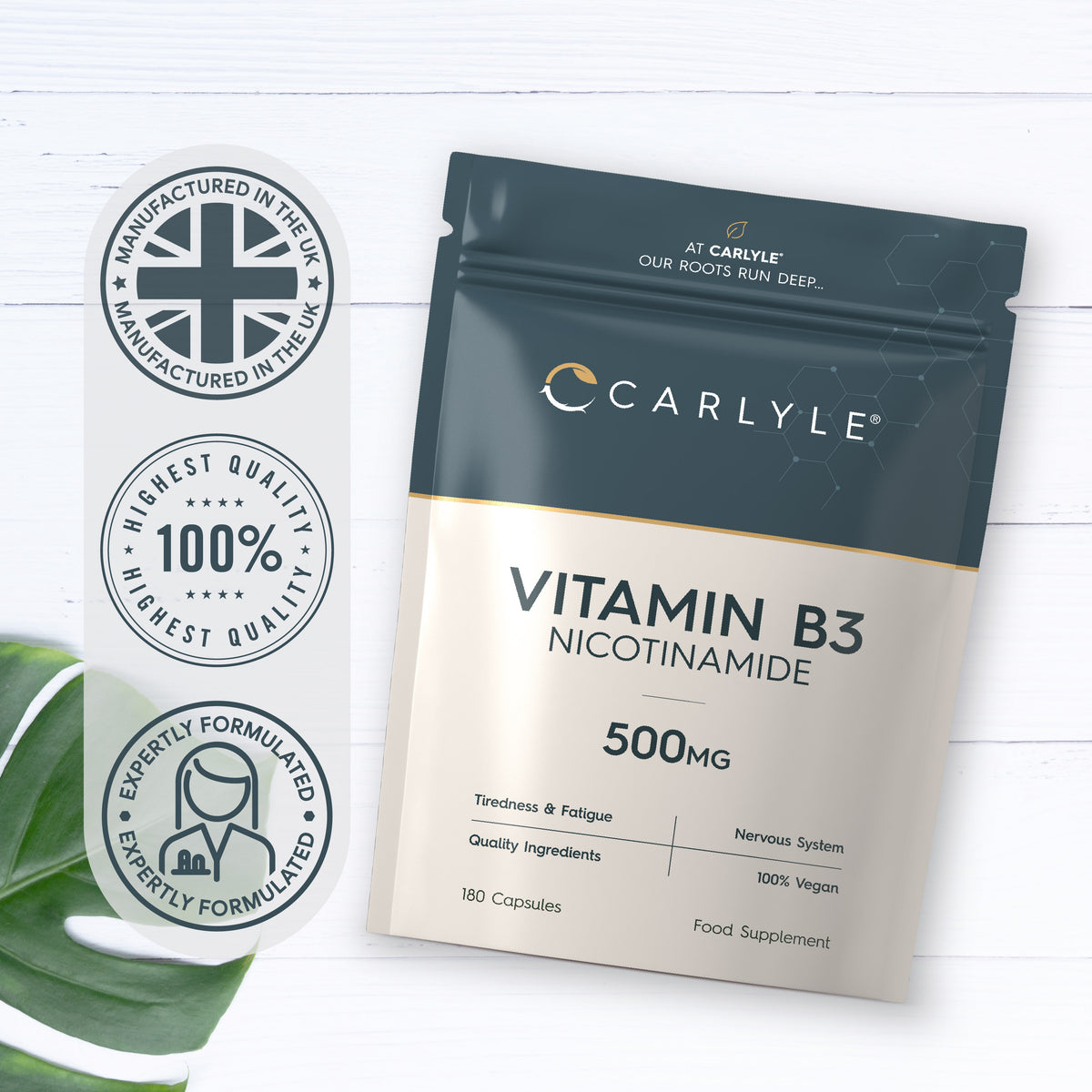 Infographic stating: Vitamin B3 500mg 180 Capsules, made in UK, expertly formulated, highest quality, 100% vegan.
