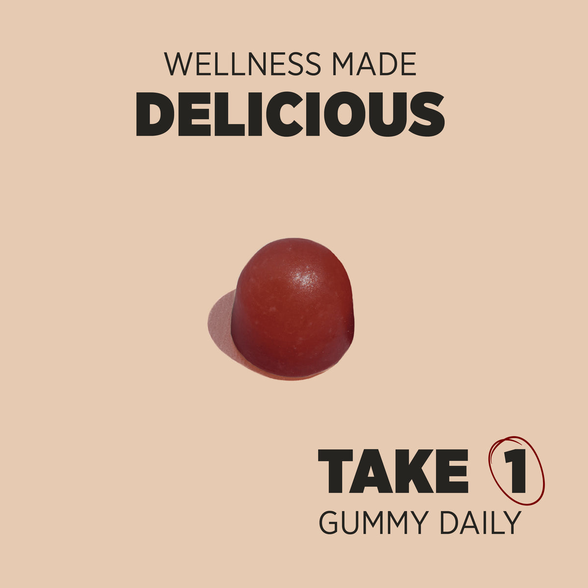 A red-brown HU Folic Acid 400ug Vegan Gummy with 'Wellness Made Delicious' and 'Take 1 Gummy Daily' text.