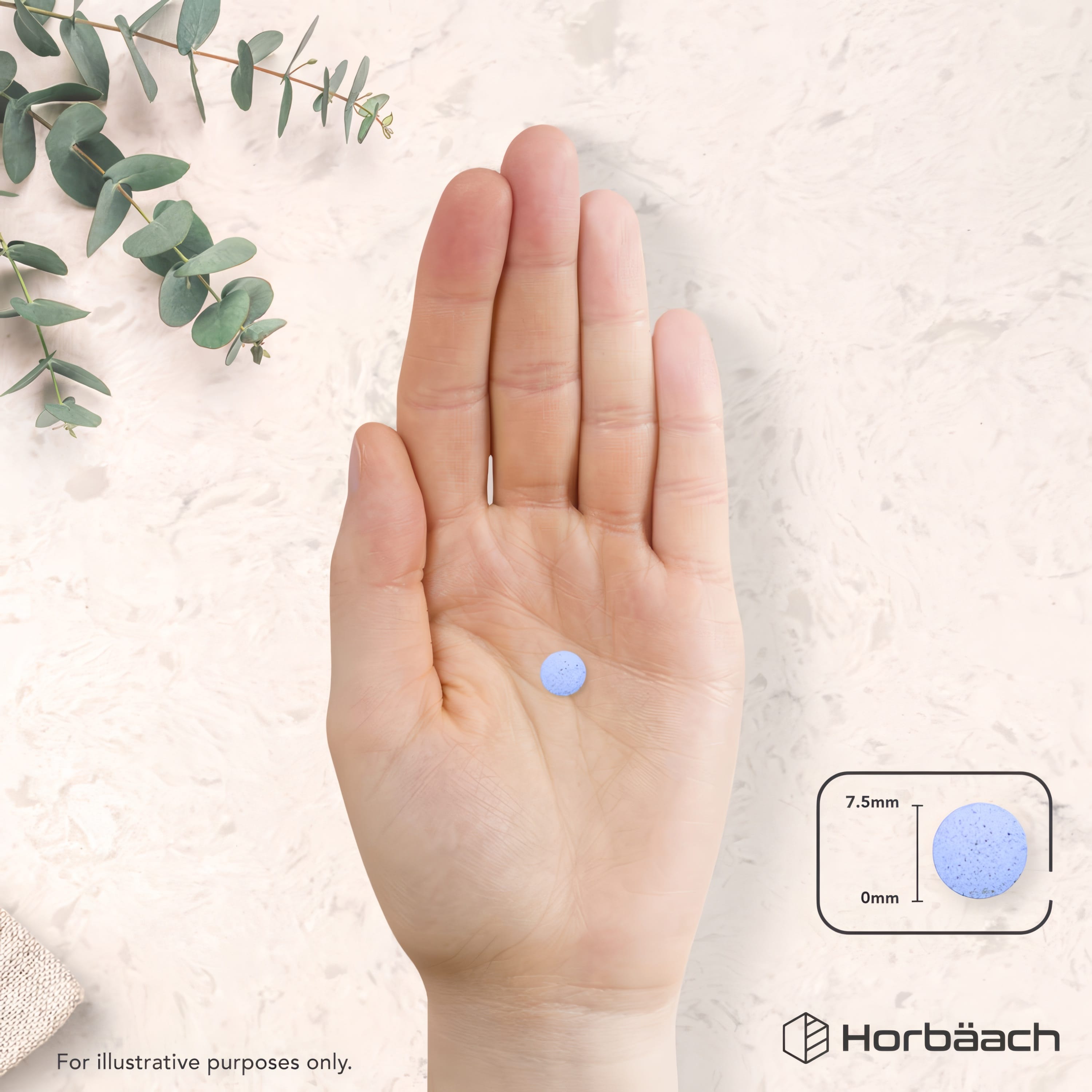 A hand holds a round blue tablet, 7.5mm in diameter and 0mm thick.