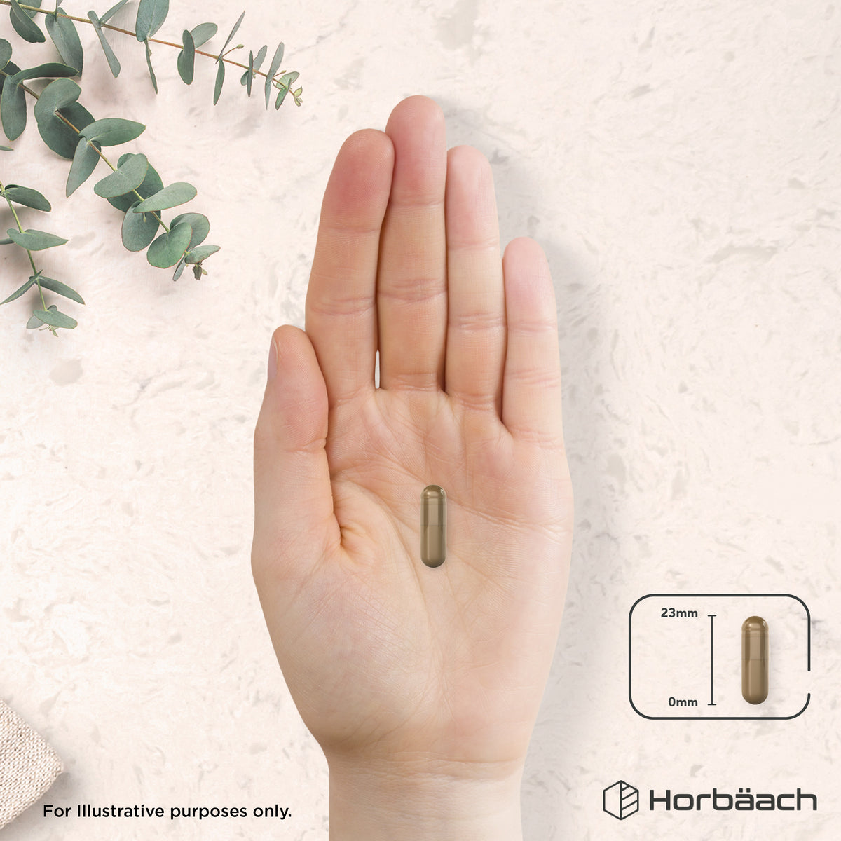 A 23mm vegan capsule is shown being held in a hand.