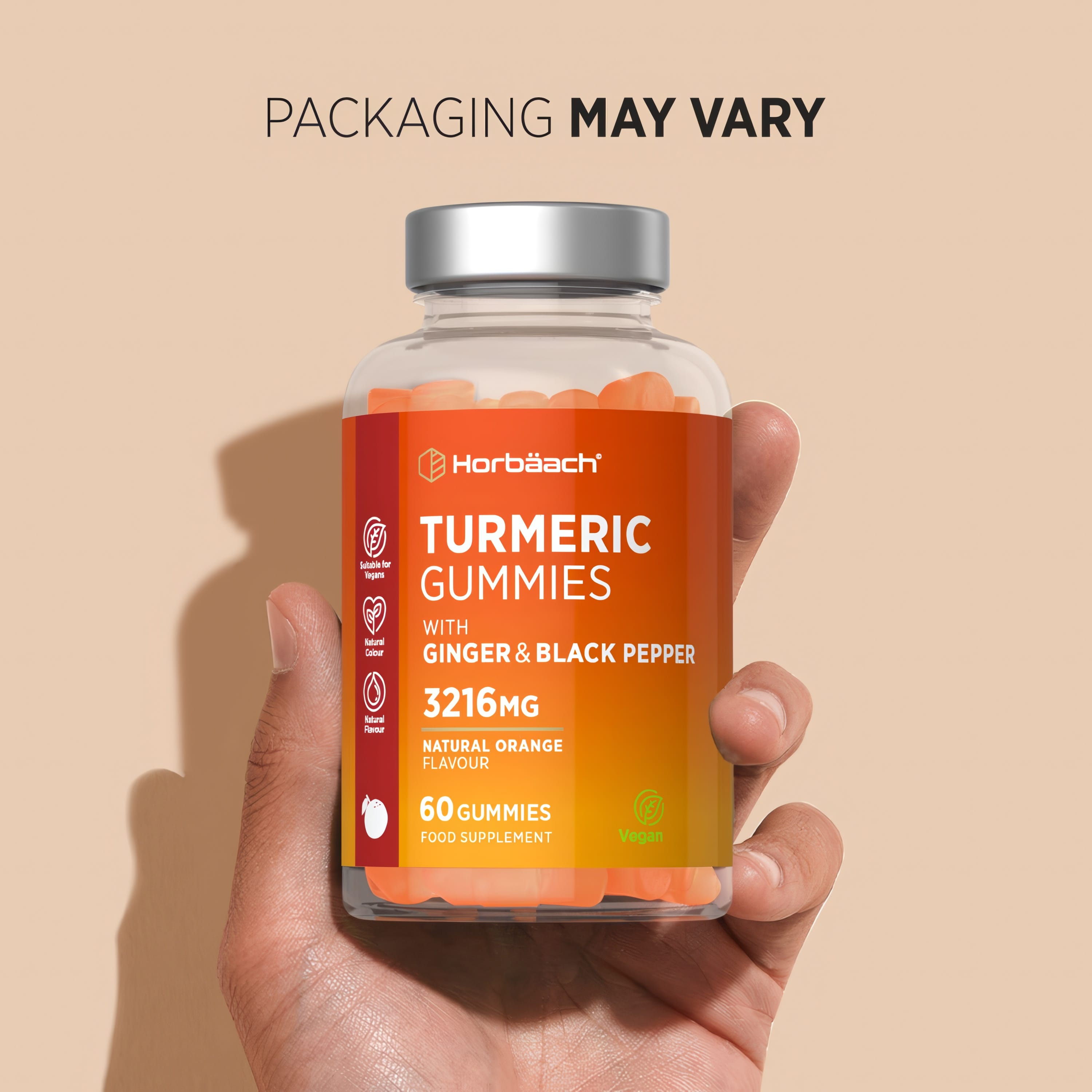 Horbäach Turmeric Gummies with Ginger and Black Pepper 3216mg, Natural Orange Flavor, Natural Color, 60 Vegan Gummies.