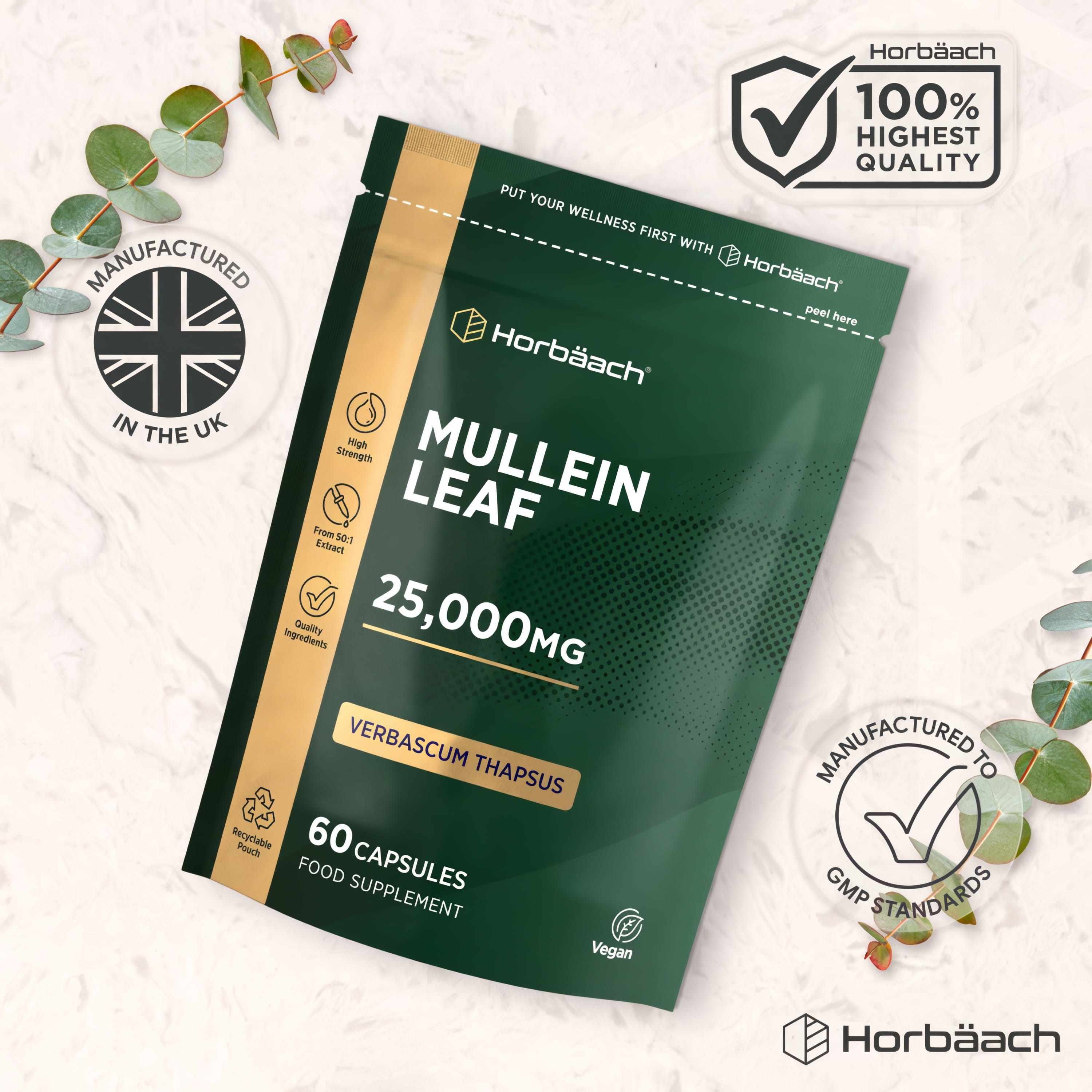Mullein Leaf 25,000mg, Verbascum Thapsus, high strength 50:1 extract in 60 vegan capsules.