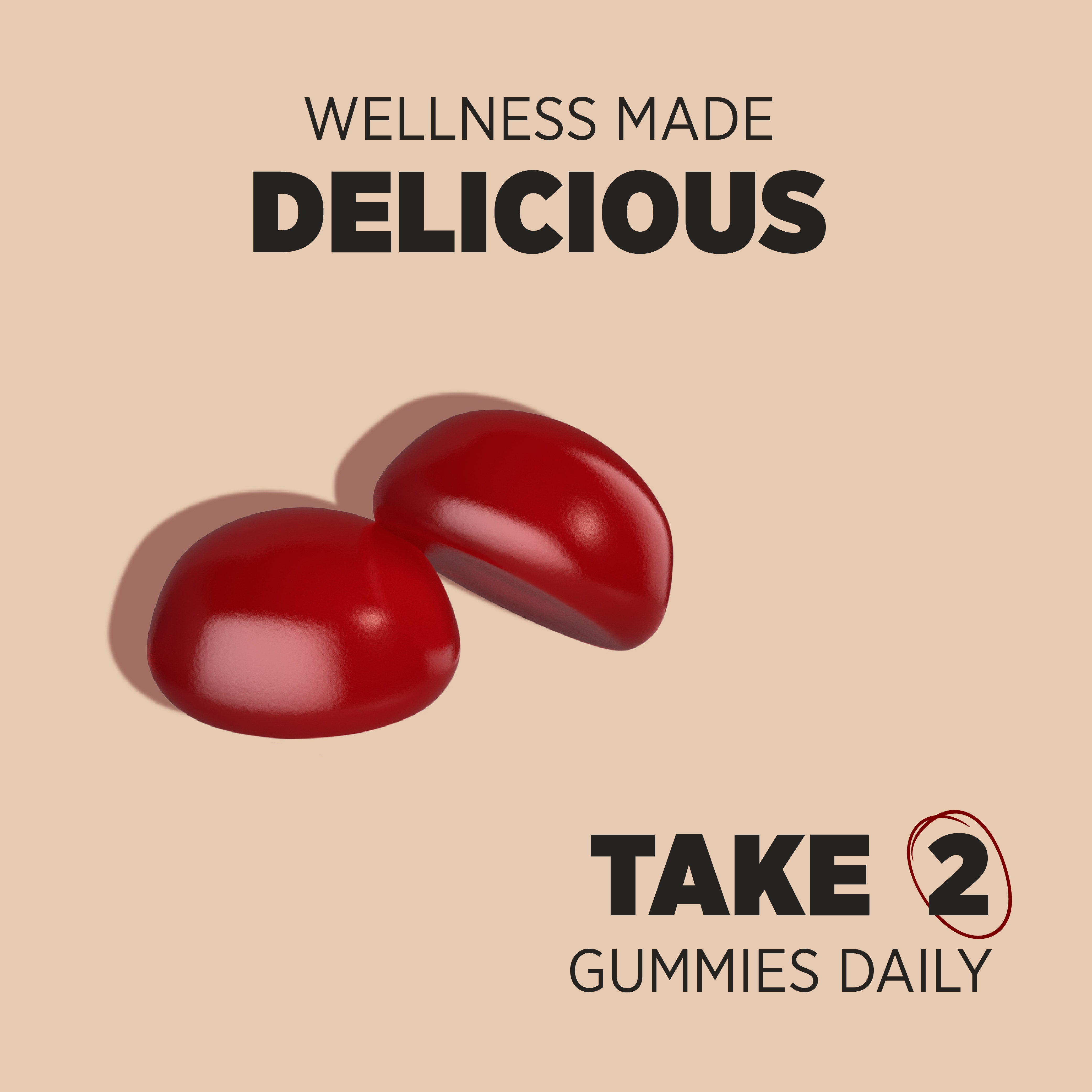 Two red gummies with text 'WELLNESS MADE DELICIOUS' and 'TAKE 2 GUMMIES DAILY' featuring a red circle around '2'.