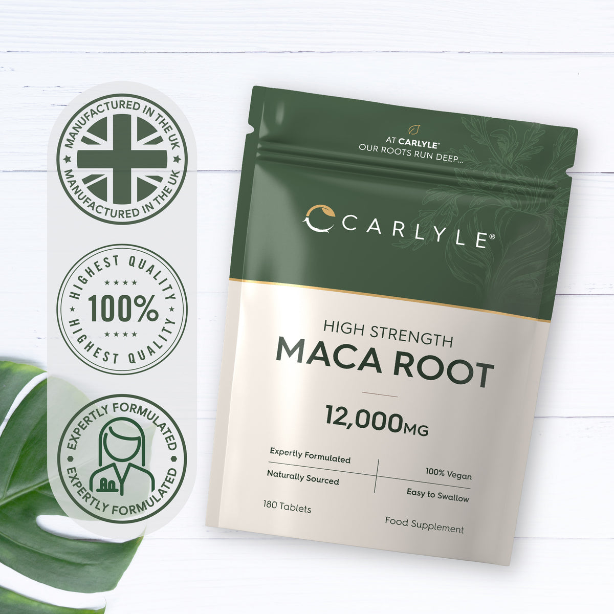 Infographic stating: Manufactured in the UK, highest quality 100%, expertly formulated for superior standards.