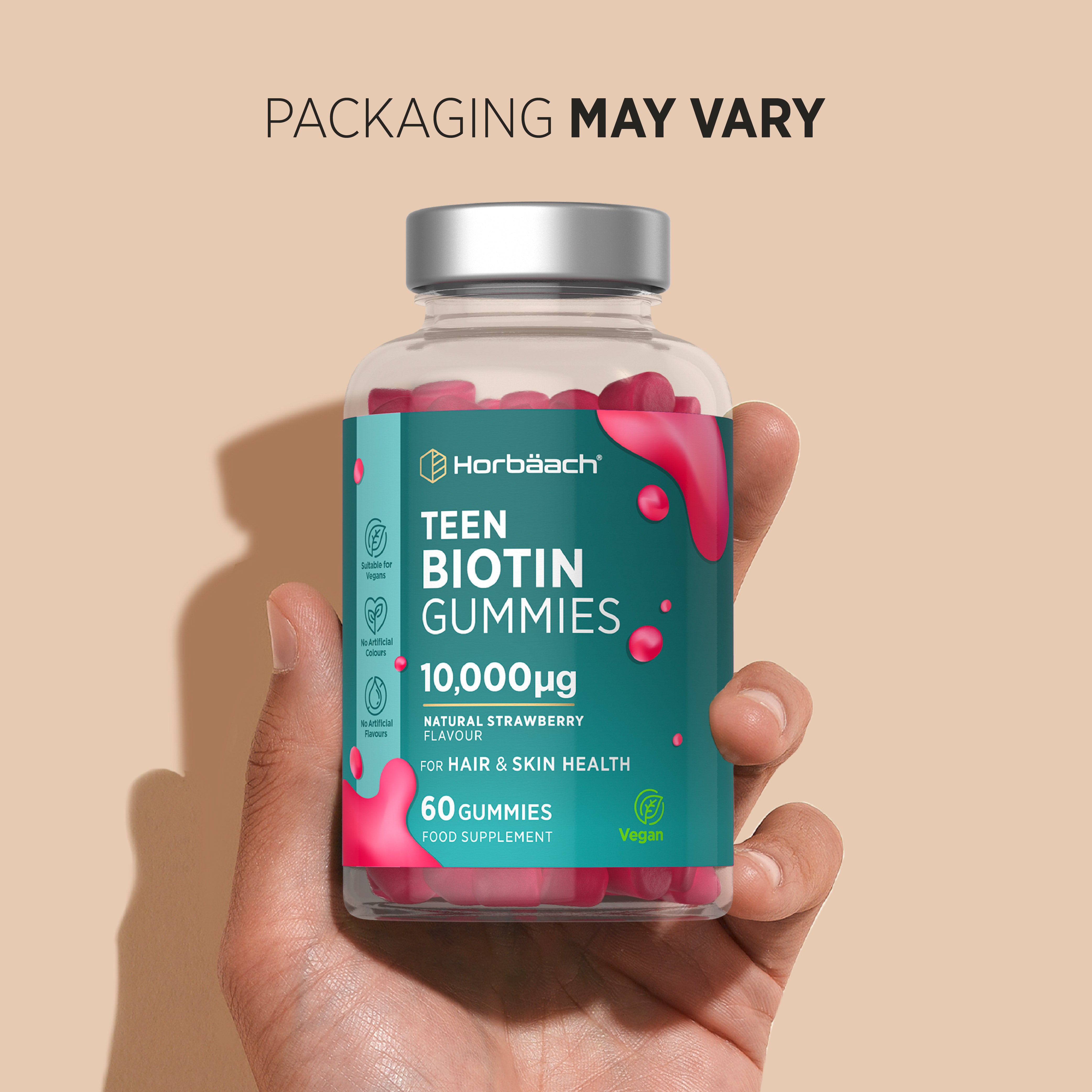 Teen Biotin Gummies with 10,000µg, natural strawberry flavor, support hair and skin health. 60 vegan gummies in a food supplement.