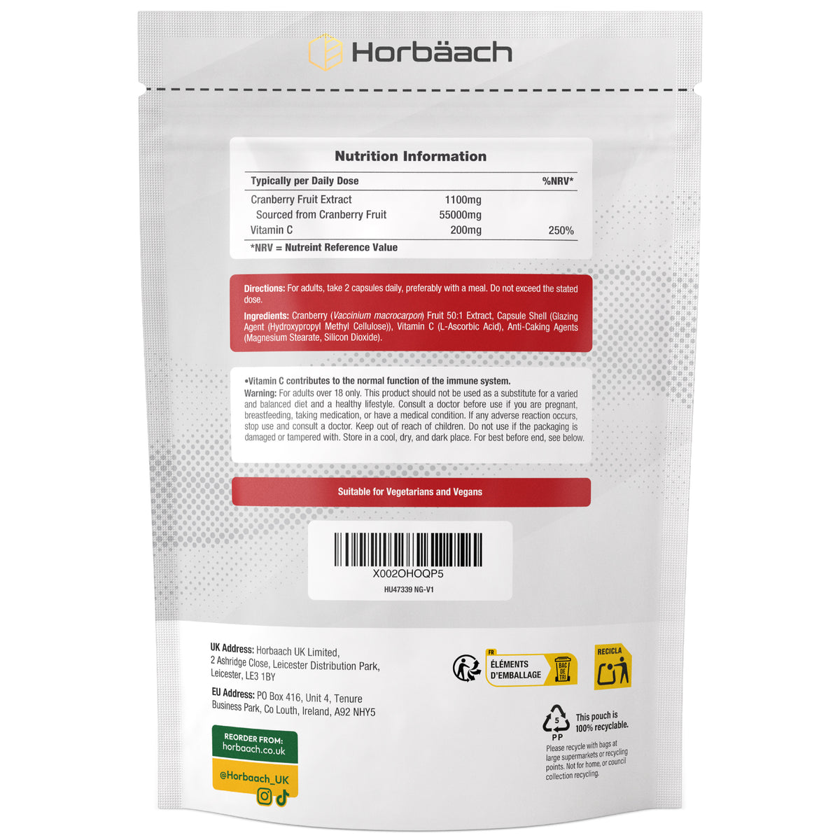 Back of HU Cranberry Extract 55,000mg 180 Capsules pouch showing nutrition, ingredient, and recycling details.