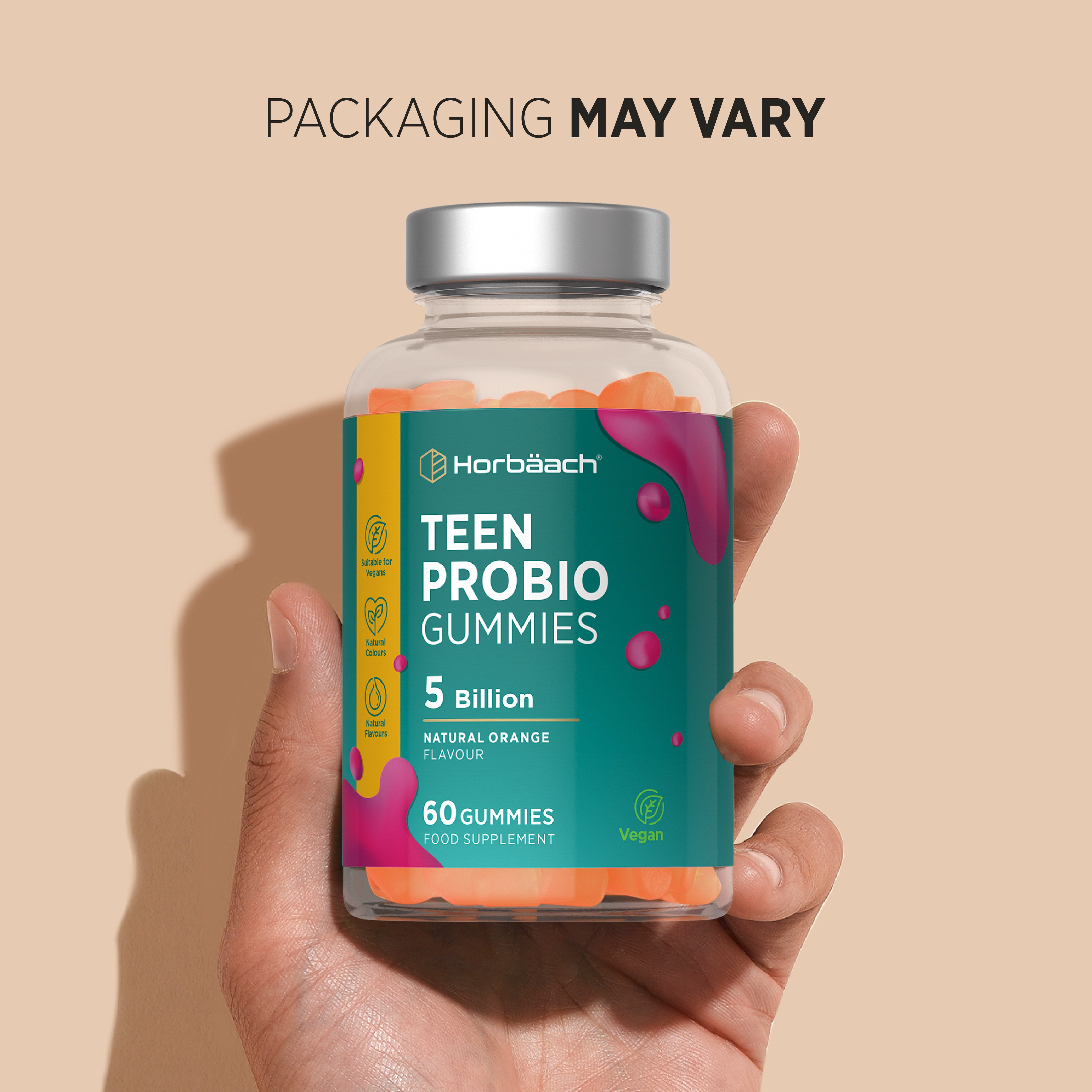Horbäach Teen Probio Gummies with 5 Billion CFU, natural orange flavor, 60 vegan gummies.