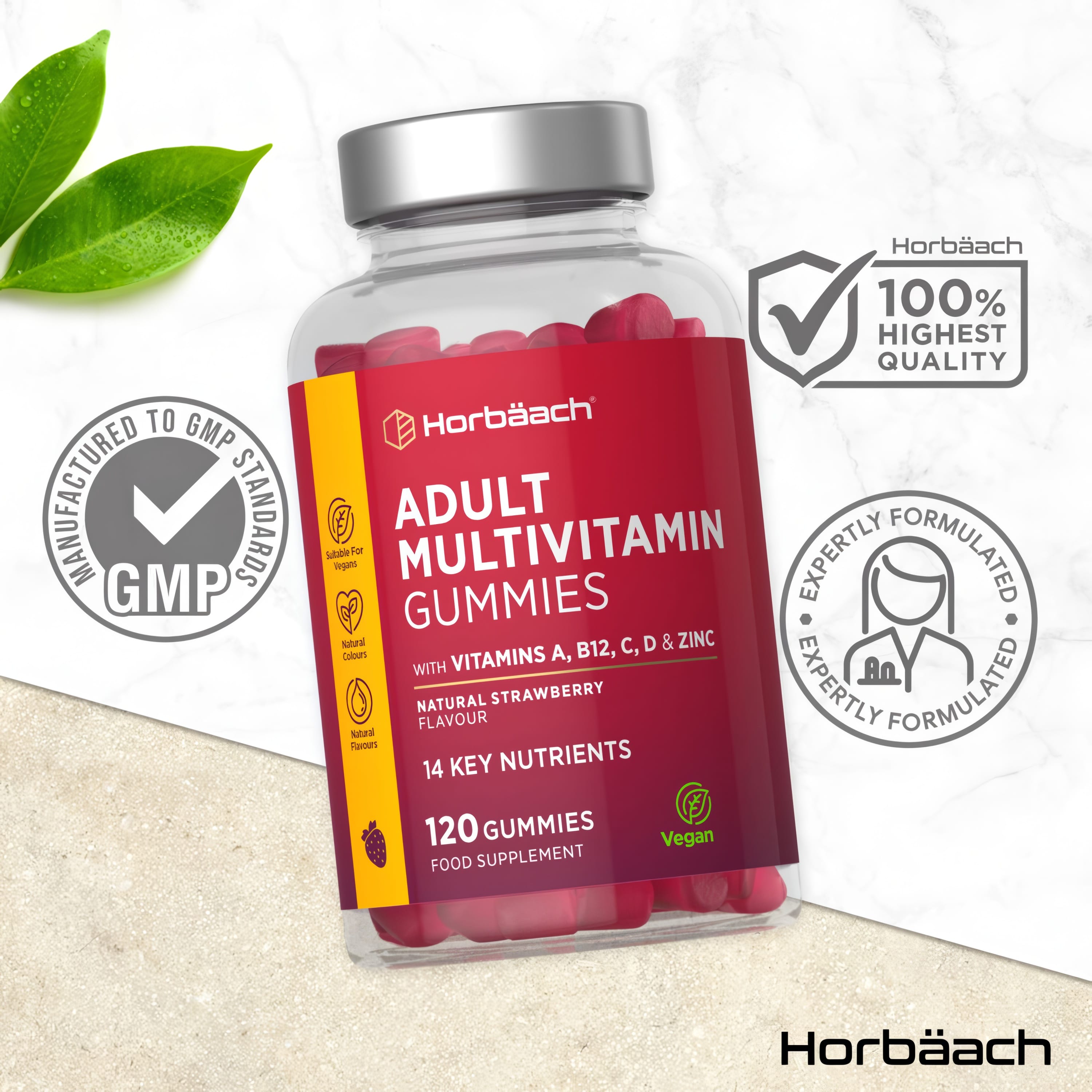 Infographic stating Horbäach products are manufactured to GMP standards with 100% highest quality and expertly formulated.
