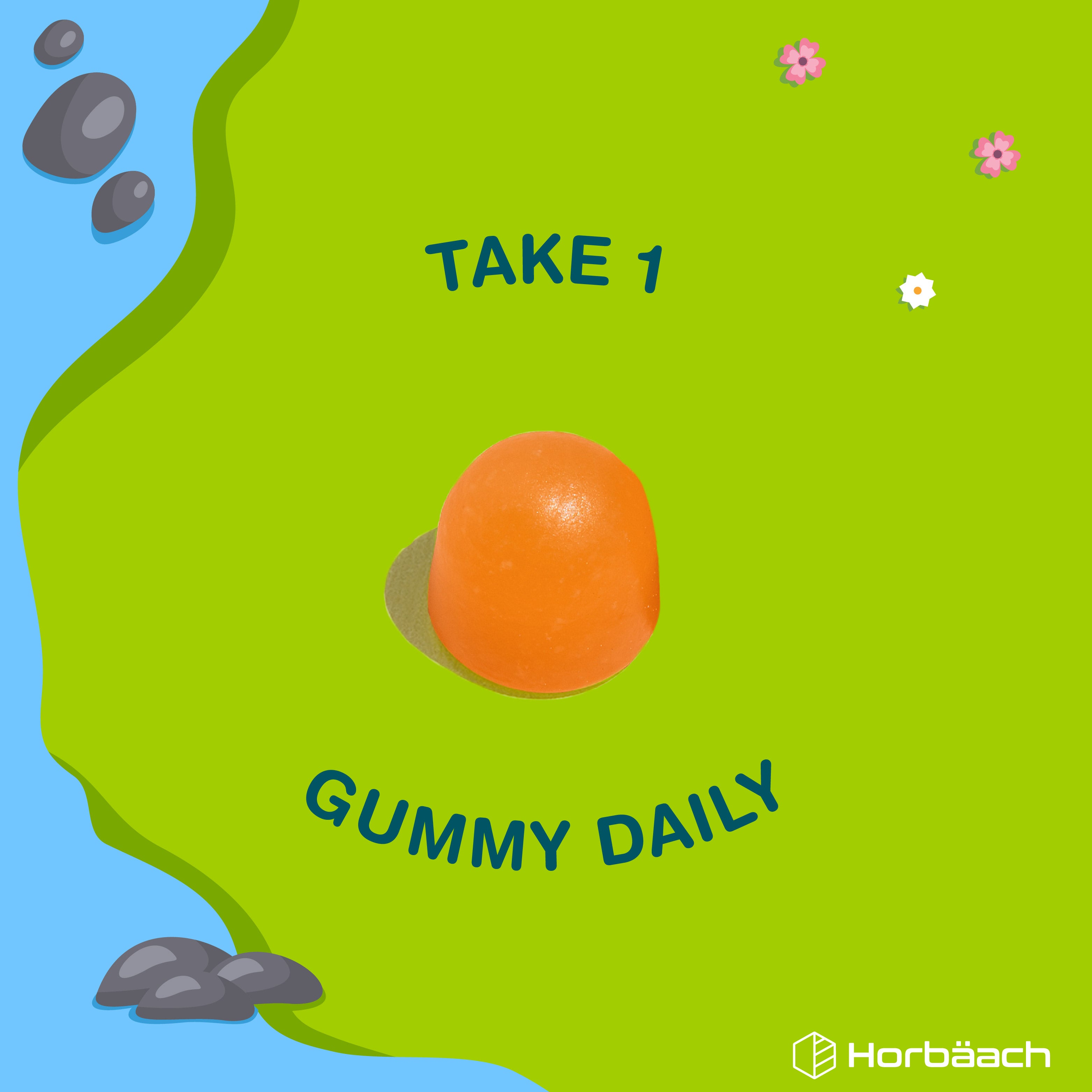 HU Kids Happy Gut 60 Vegan Gummies with an orange gummy and the text 'TAKE 1 GUMMY DAILY' displayed.