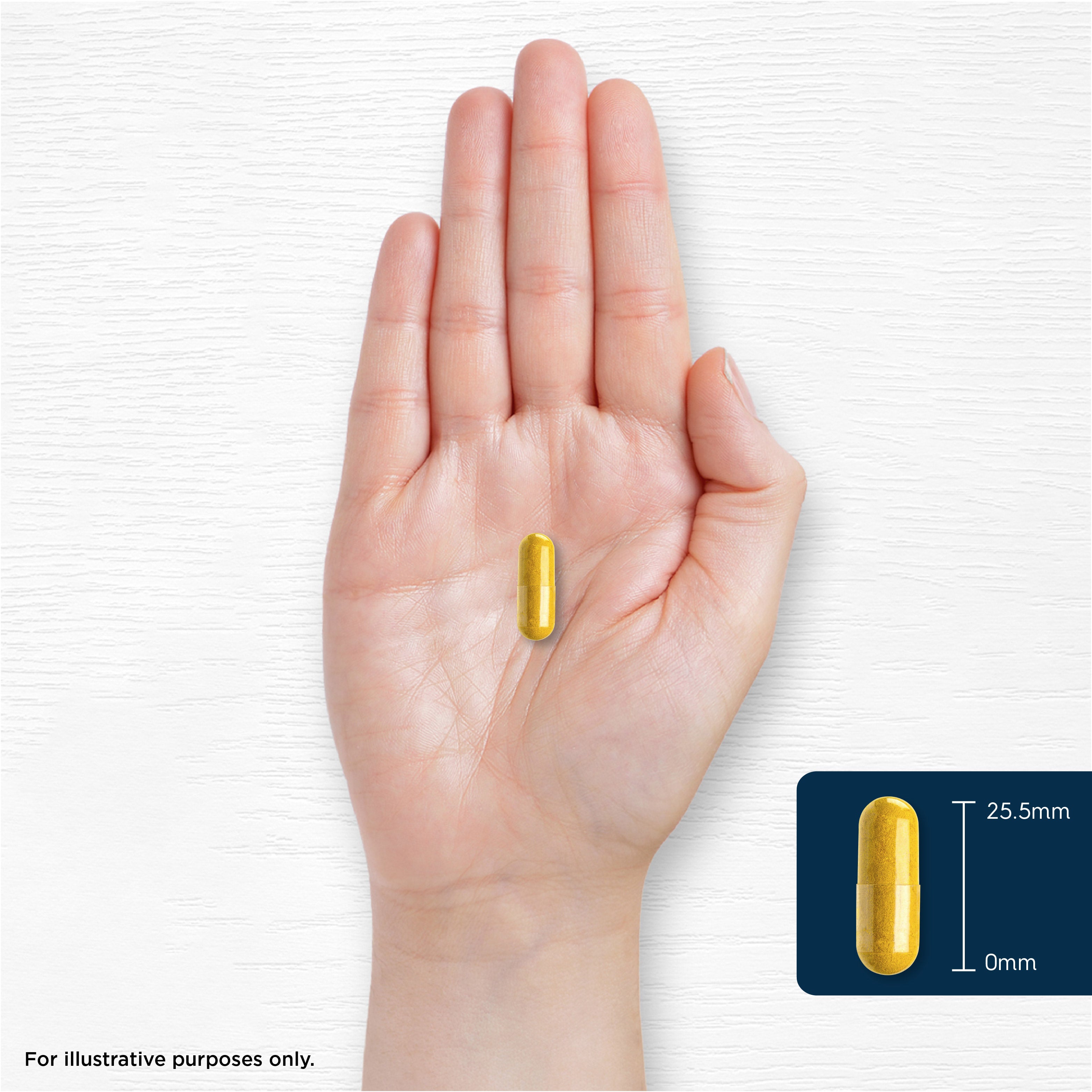 A yellow capsule, 25.5mm long, resting on a hand.