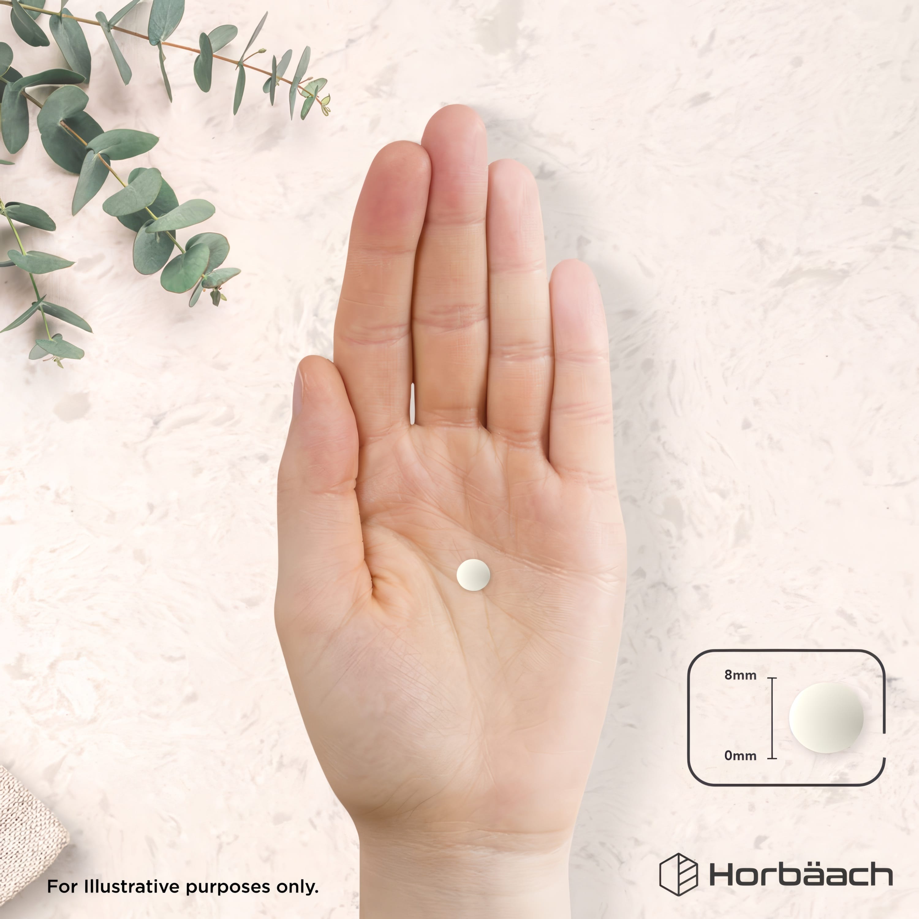 A small white round tablet in a hand, with a graphic showing the tablet's 8mm diameter.