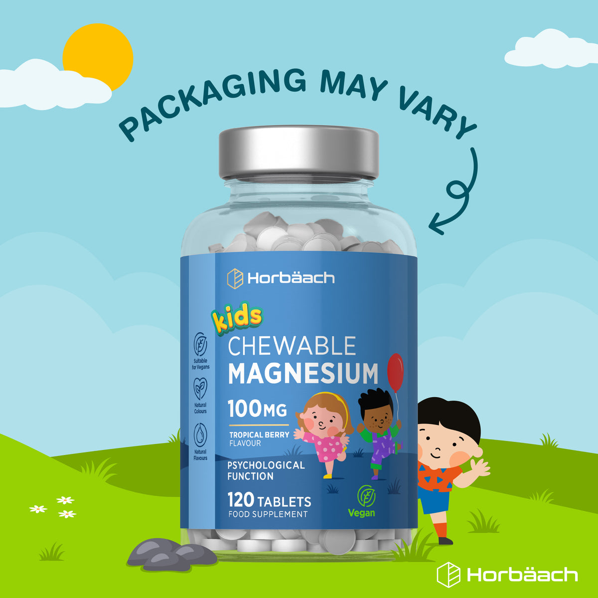 Kids Chewable Magnesium 100mg, 120 Tablets in Tropical Berry Flavor. Supports psychological function. Vegan.