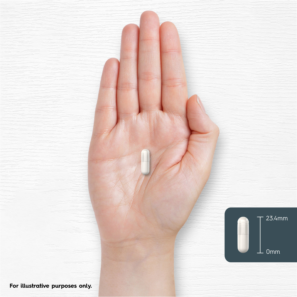 A hand holds a capsule measuring 23.4mm in length.