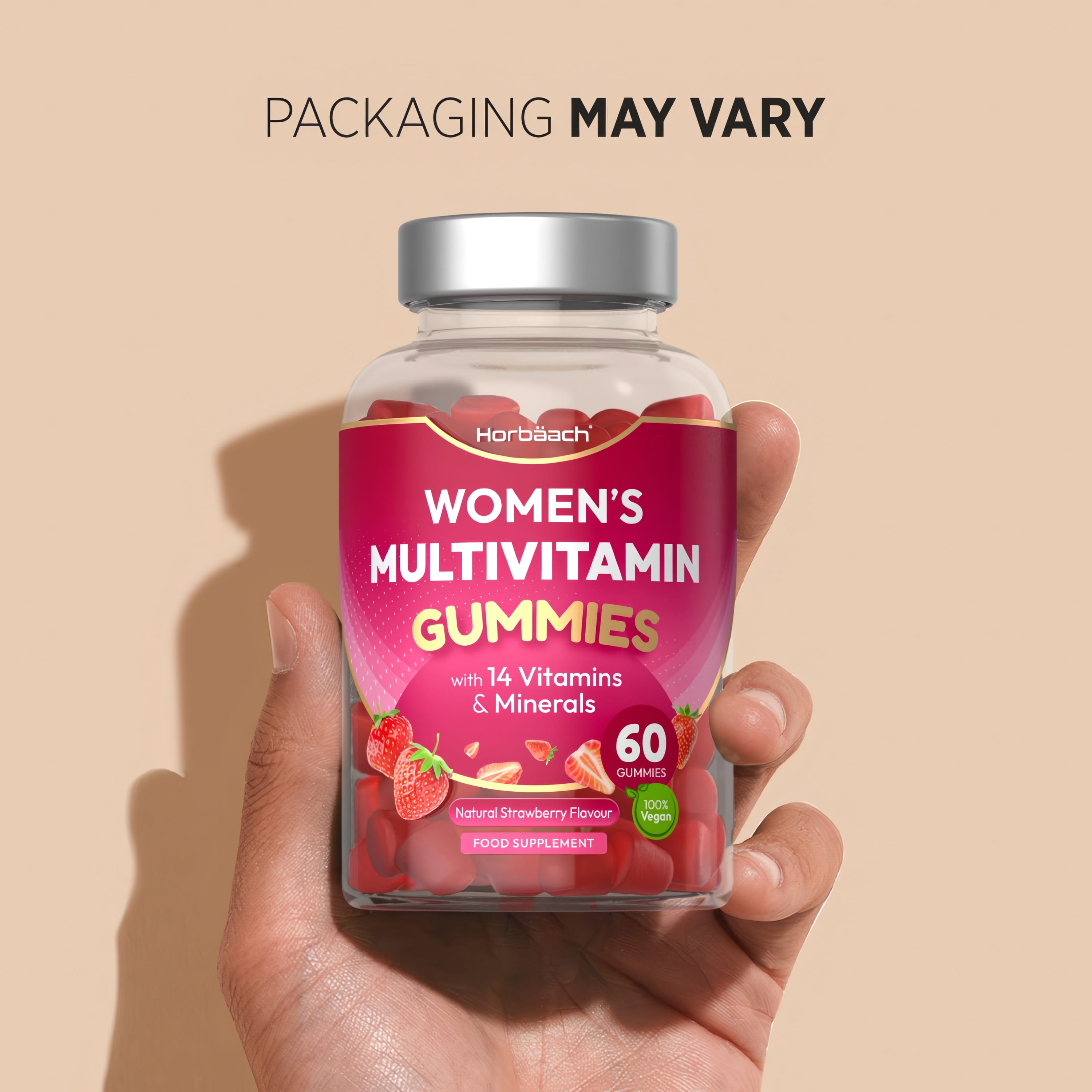Horbäach Women's Multivitamin Gummies contain 14 vitamins and minerals with a natural strawberry flavor, 60 vegan gummies.