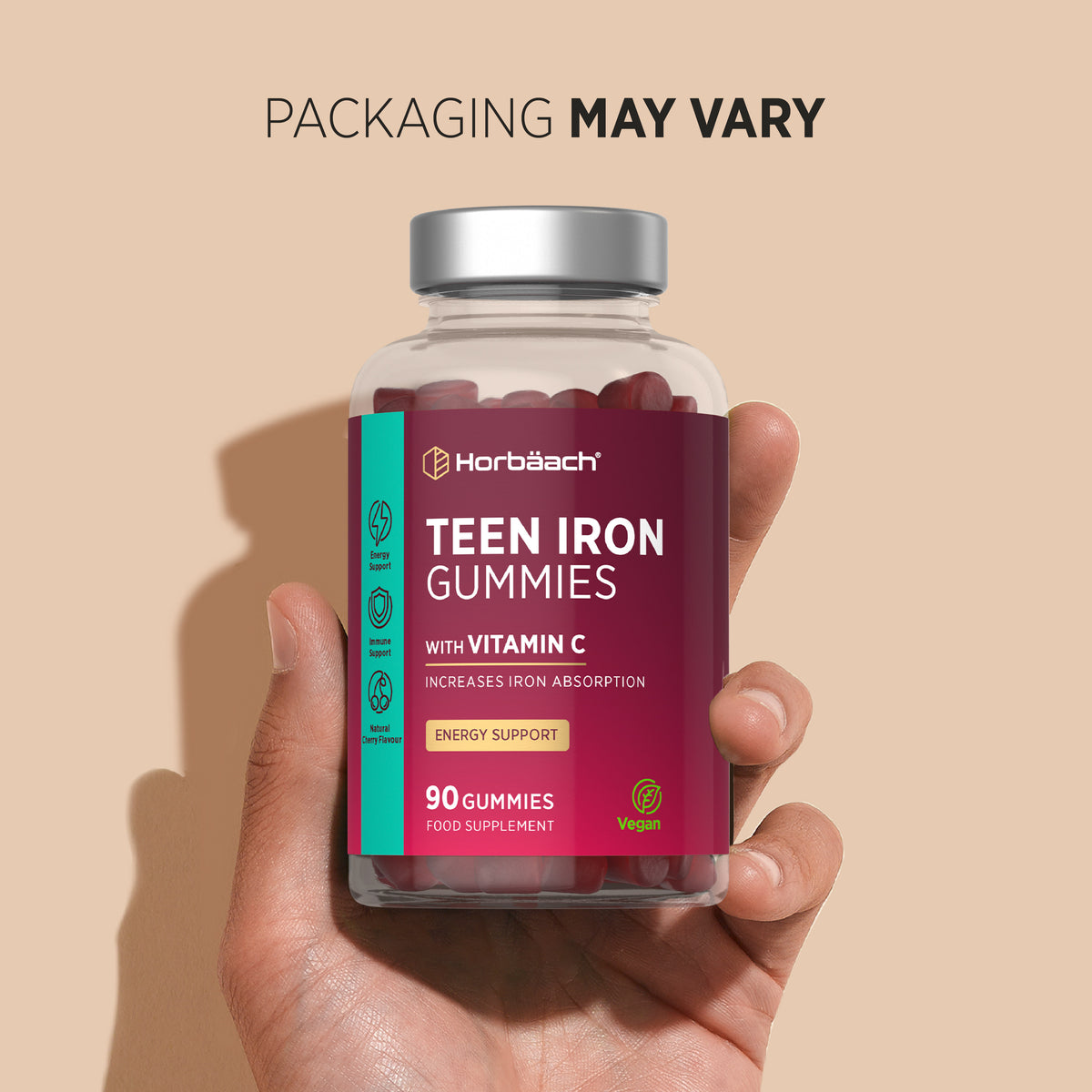 Teen Iron Gummies with Vitamin C for absorption, Natural Cherry Flavor, Energy Support, 90 gummies, Vegan, complete product.