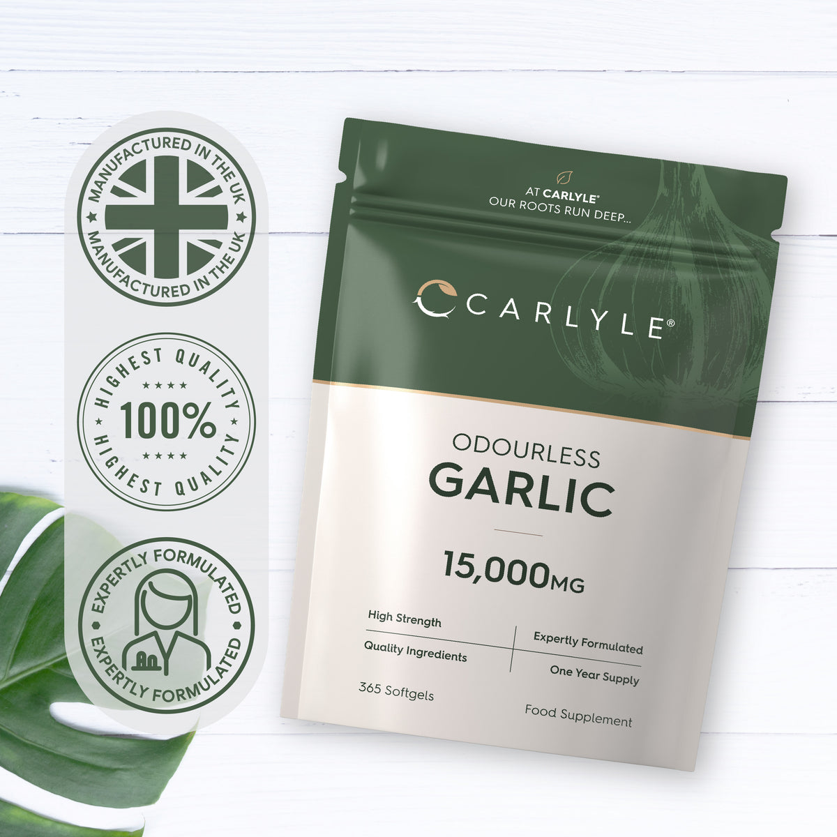 Odourless Garlic 15,000MG food supplement pouch containing 365 softgels.