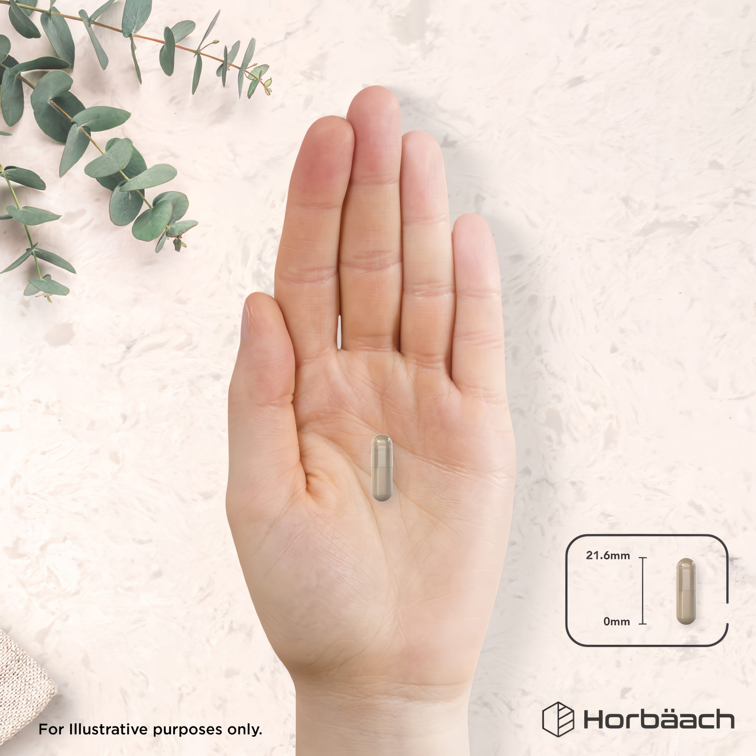 A single vegan collagen complex capsule, 21.6mm long, rests in the palm of a hand.