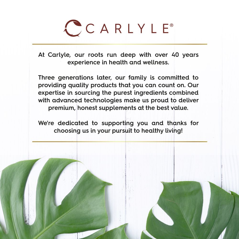 Infographic stating: Carlyle: 40+ years experience, quality products, purest ingredients, advanced tech for premium, honest supplements at best value.