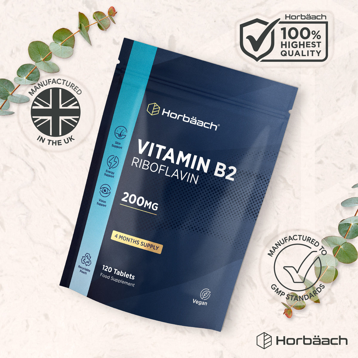 Horbäach Vitamin B2 Riboflavin 200MG, 120 Vegan Tablets in a recyclable pouch, supports skin, energy, and vision.