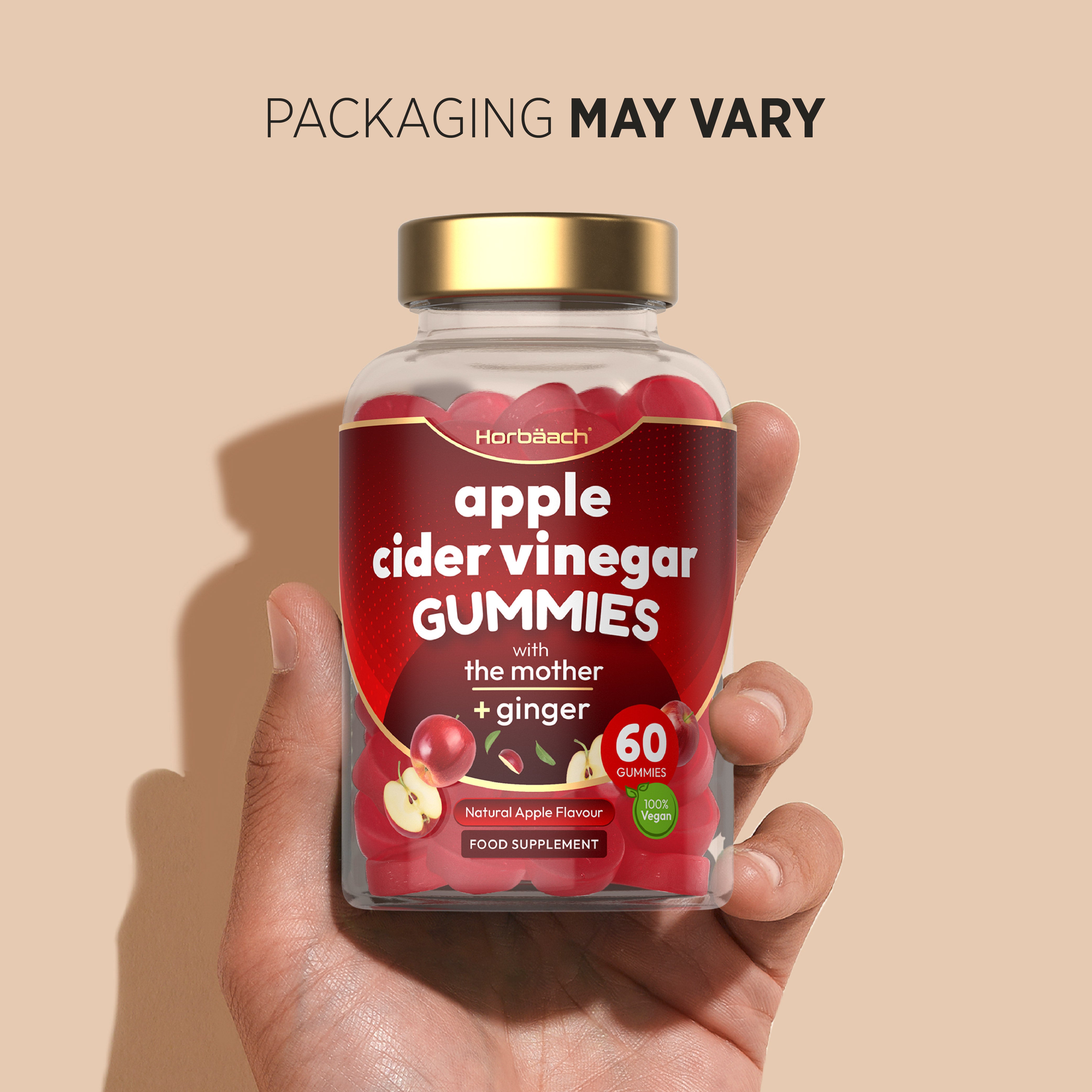 Horbäach apple cider vinegar gummies with the mother and ginger, 60 count, natural apple flavor, 100% vegan food supplement.