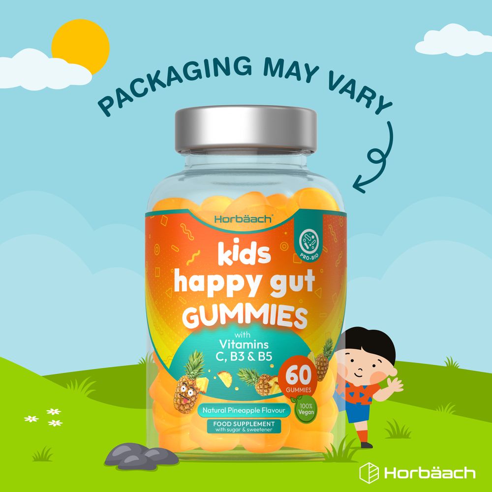 HU Kids Happy Gut 60 Vegan Gummies, Natural Pineapple Flavor, Vitamins C, B3 & B5, 100% Vegan, Pro-Bio, on hand scale.