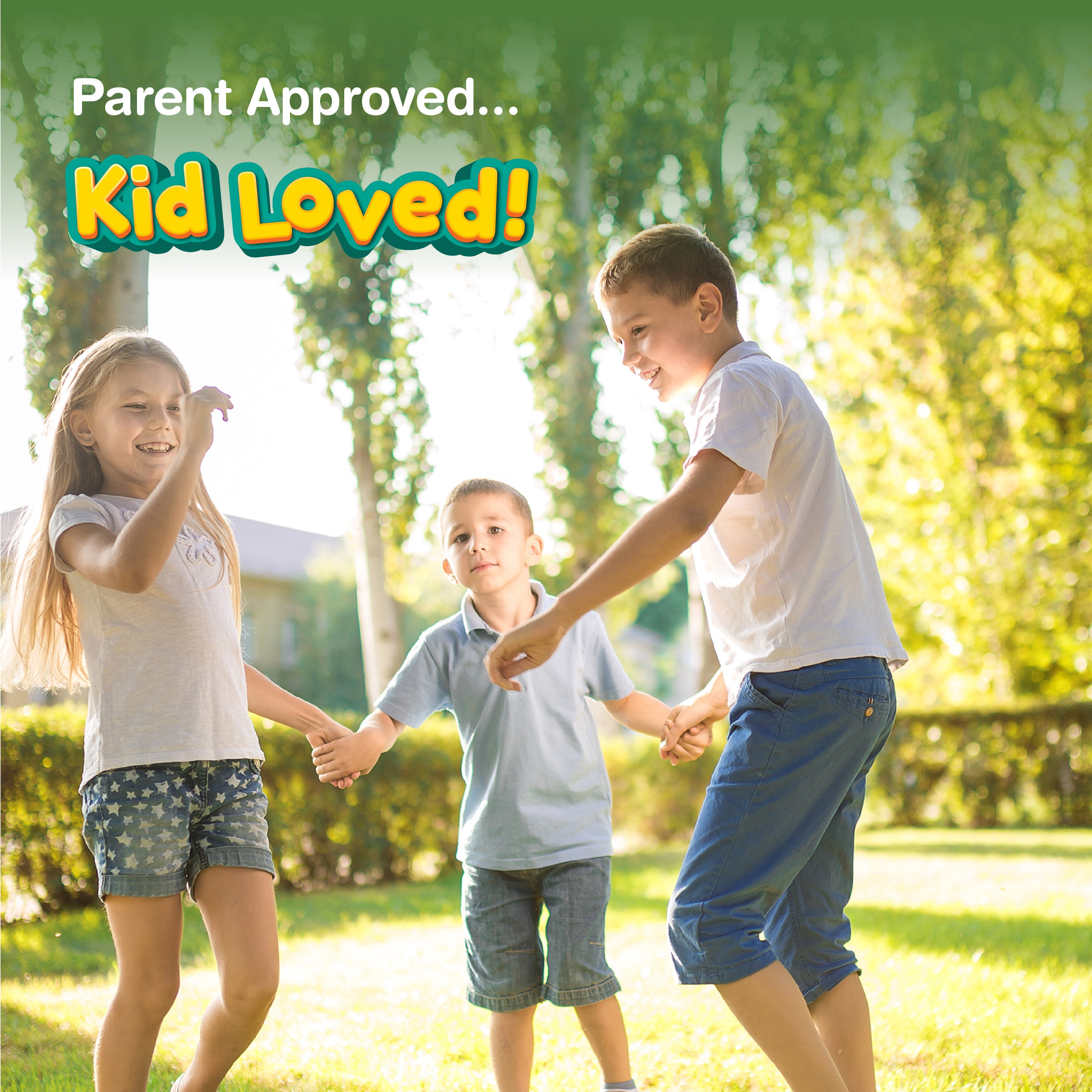 Three children (a girl, two boys) playing outdoors, holding hands, smiling. Text: 'Parent Approved... Kid Loved!' for Kids Happy Gut Gummies.