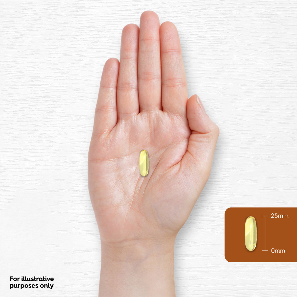 A yellow oval softgel rests in a hand, with a graphic showing its length as 25mm.