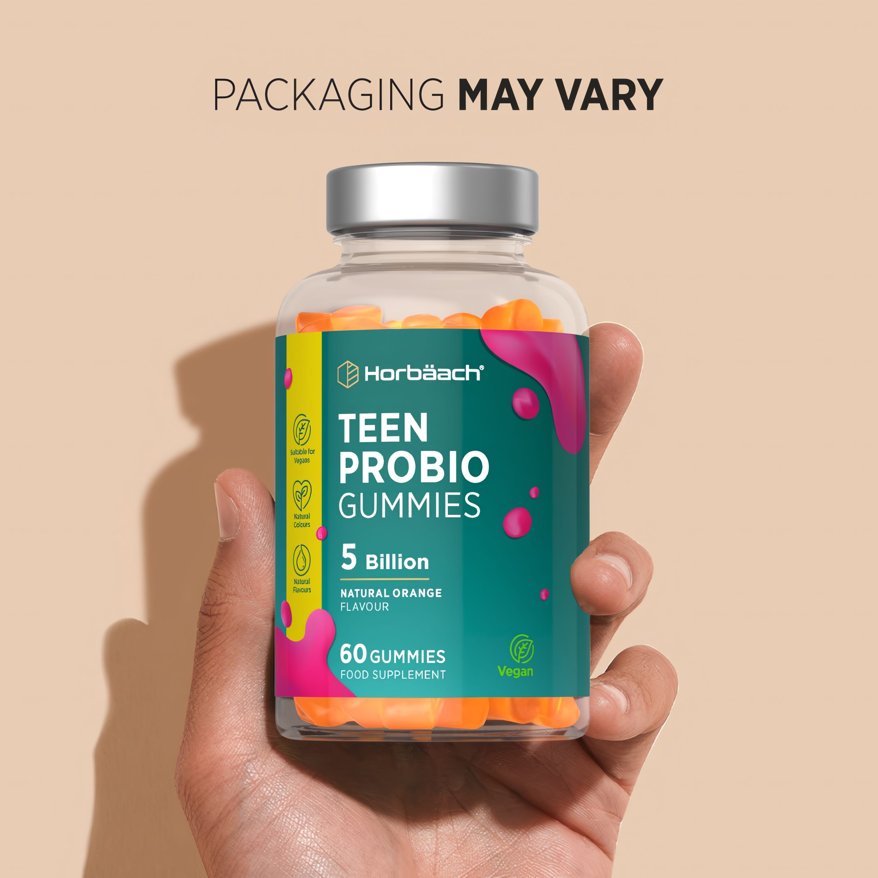 HU Biotic Teen Probio gummies offer 5 billion probiotics per serving. Vegan, natural orange flavor, 60 count bottle.
