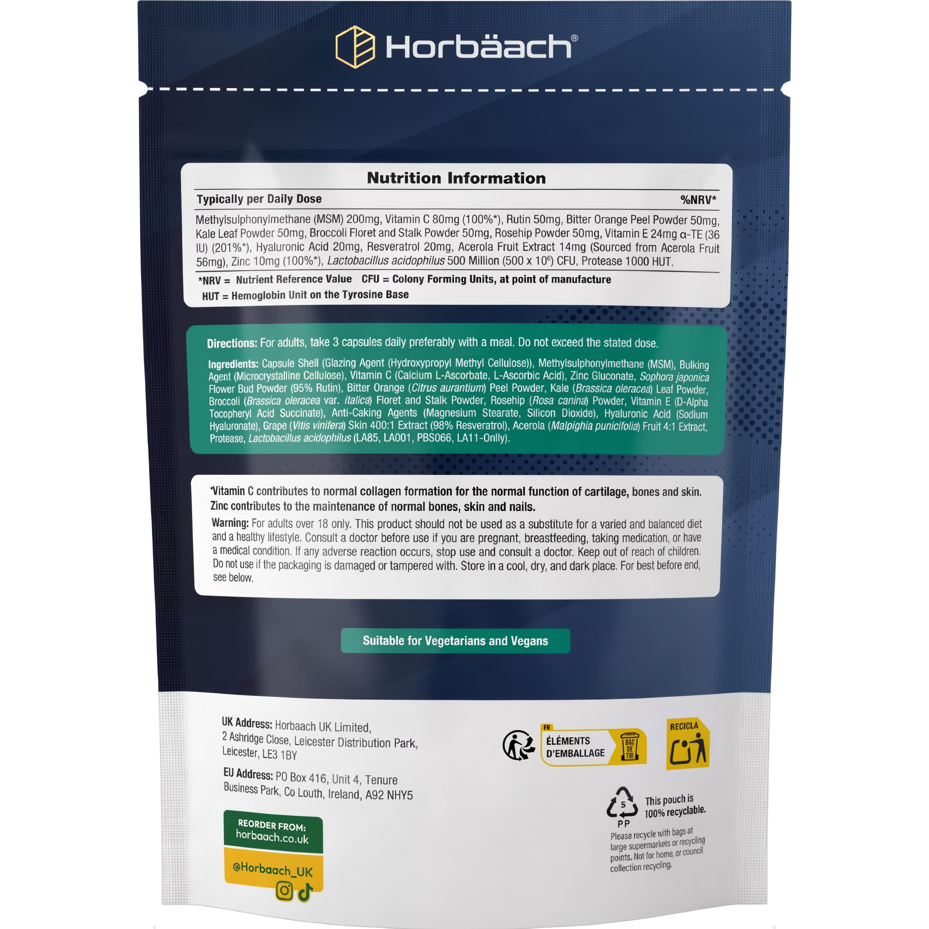 Nutrition Info panel for HU Vegan Collagen Complex supplement.