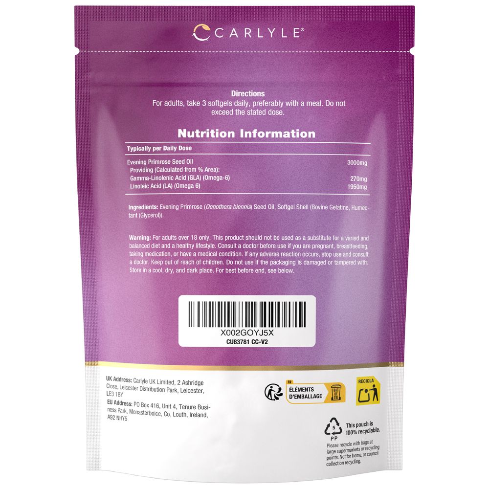 A hand holding Evening Primrose Softgels, offering 3000mg per serving of 3 softgels.