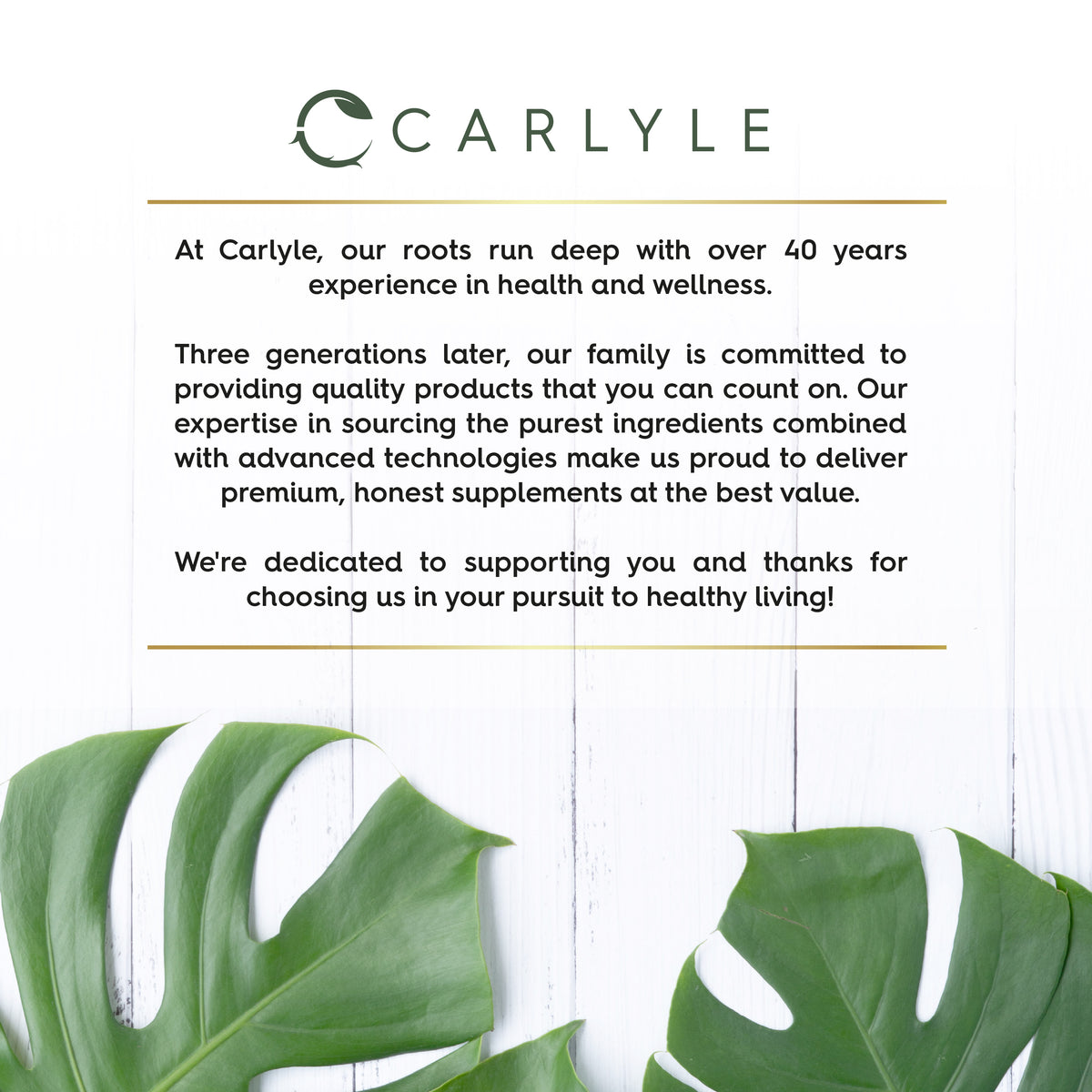 Infographic states Carlyle: 40+ years in health & wellness with a family focus on quality, pure ingredients, and premium supplements.