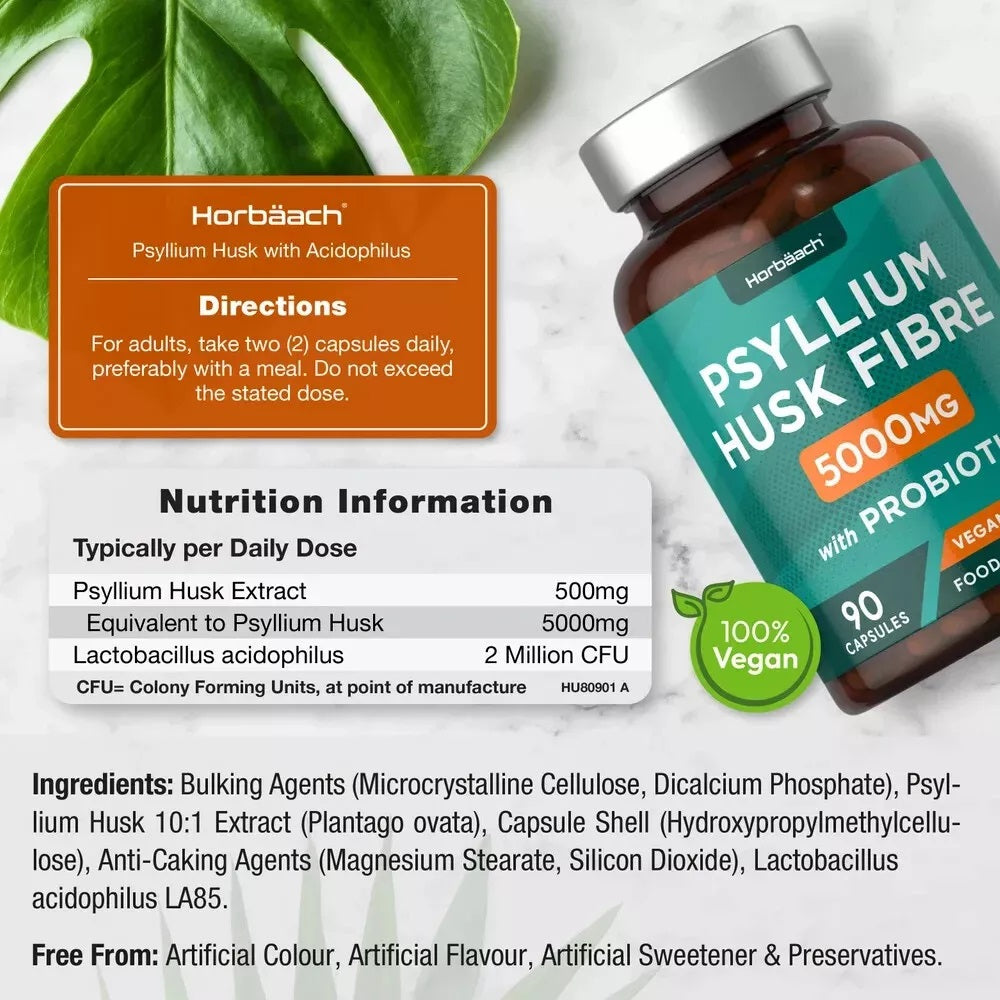 Psyllium Husk with Probiotics 5000 mg | 90 Capsules