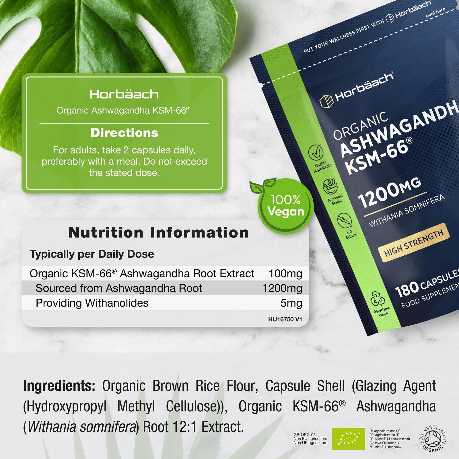 Ashwagandha KSM-66 1200 mg | Organic | 120 Capsules