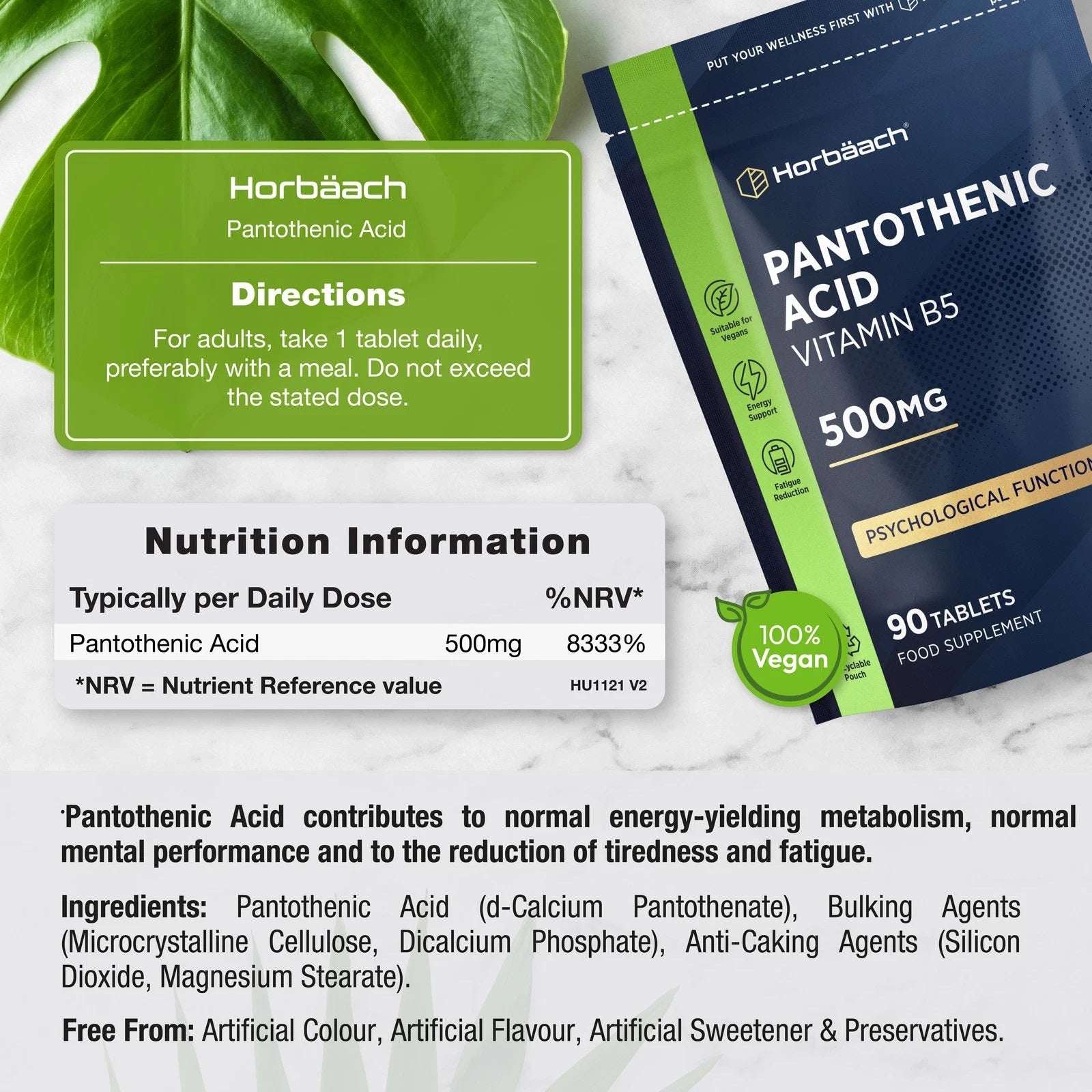 Vitamin B5 Pantothenic Acid 500 mg | 90 Tablets