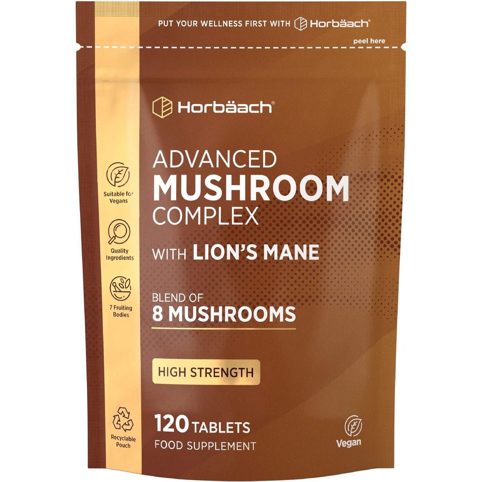 Horbäach Mushroom Complex with Lion's Mane, 8 Mushroom Blend, High Strength, 120 Vegan Tablets, Food Supplement.