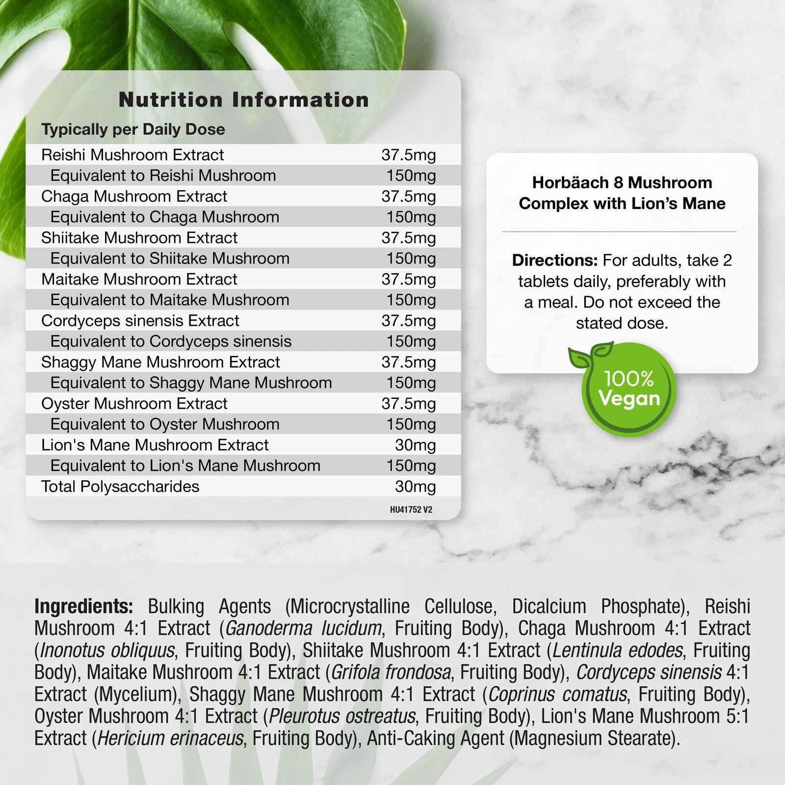 Horbäach 8 Mushroom Complex with Lion's Mane: Includes nutrition facts, directions, ingredients, and 100% vegan badge.