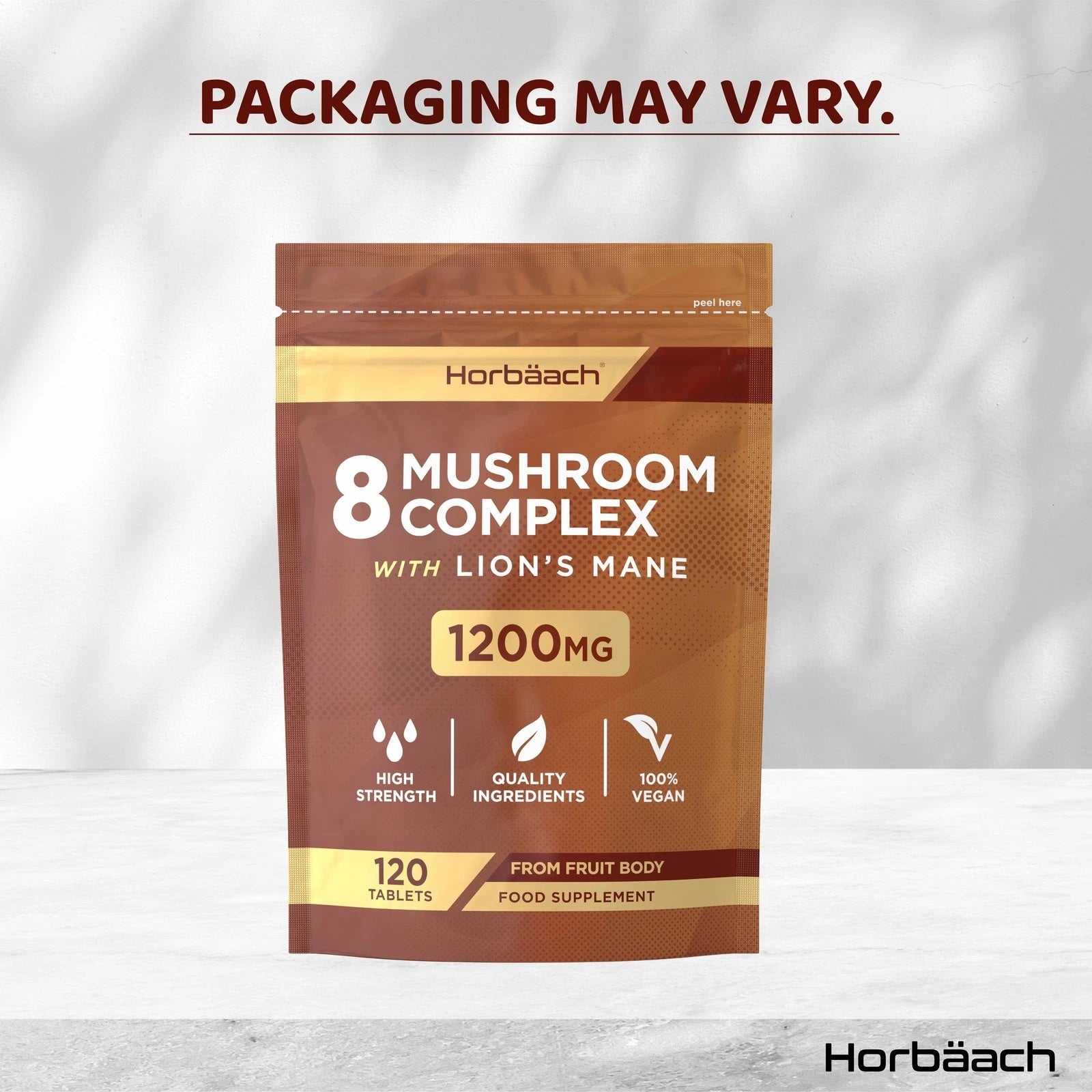 8 Mushroom Complex with Lion's Mane, 1200MG, 120 vegan tablets in a stand-up pouch.